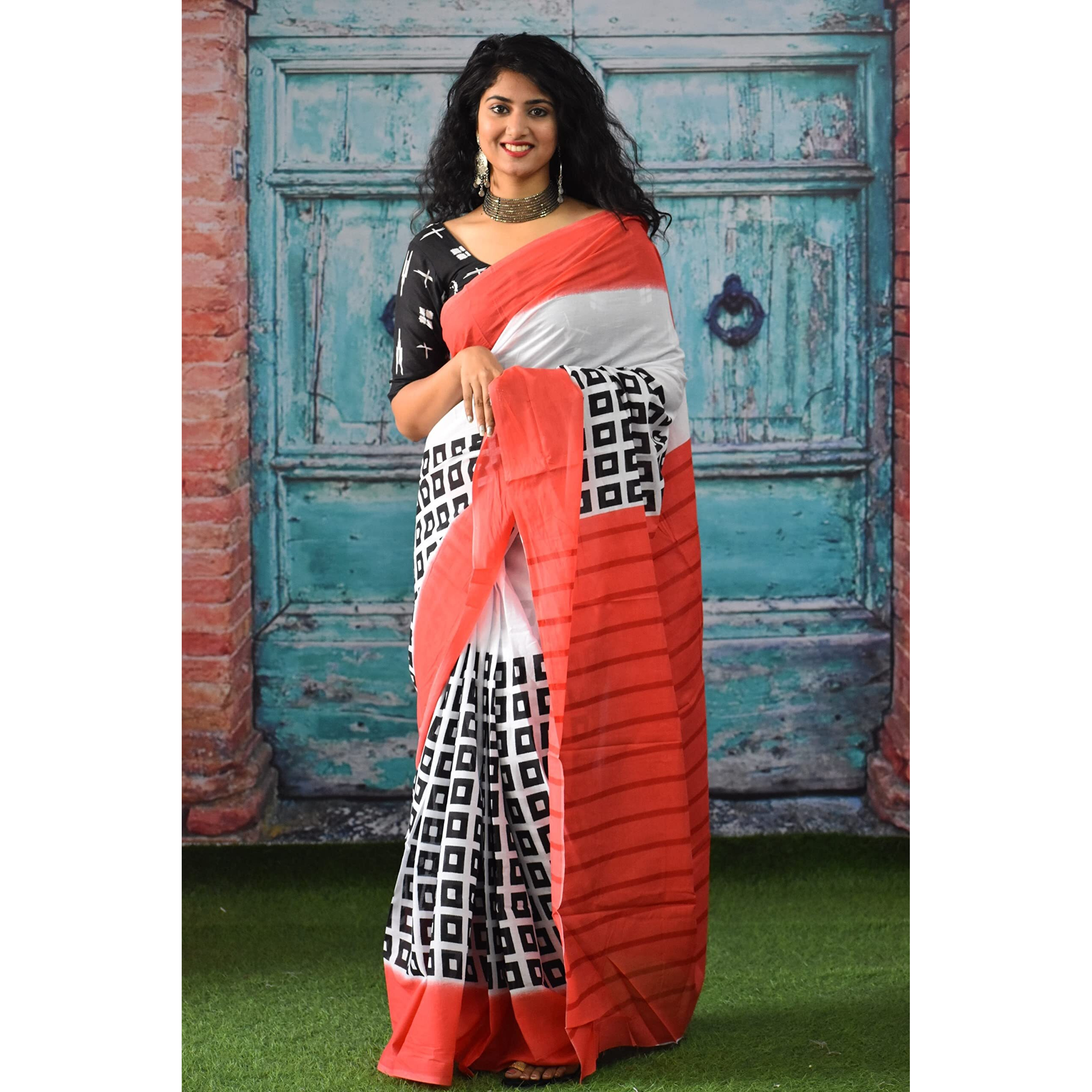 JALTHER Handicrafts Womens Ikat Hand Block Print Jaipuri Cotton Mulmul Saree with Blouse Piece - White_132
