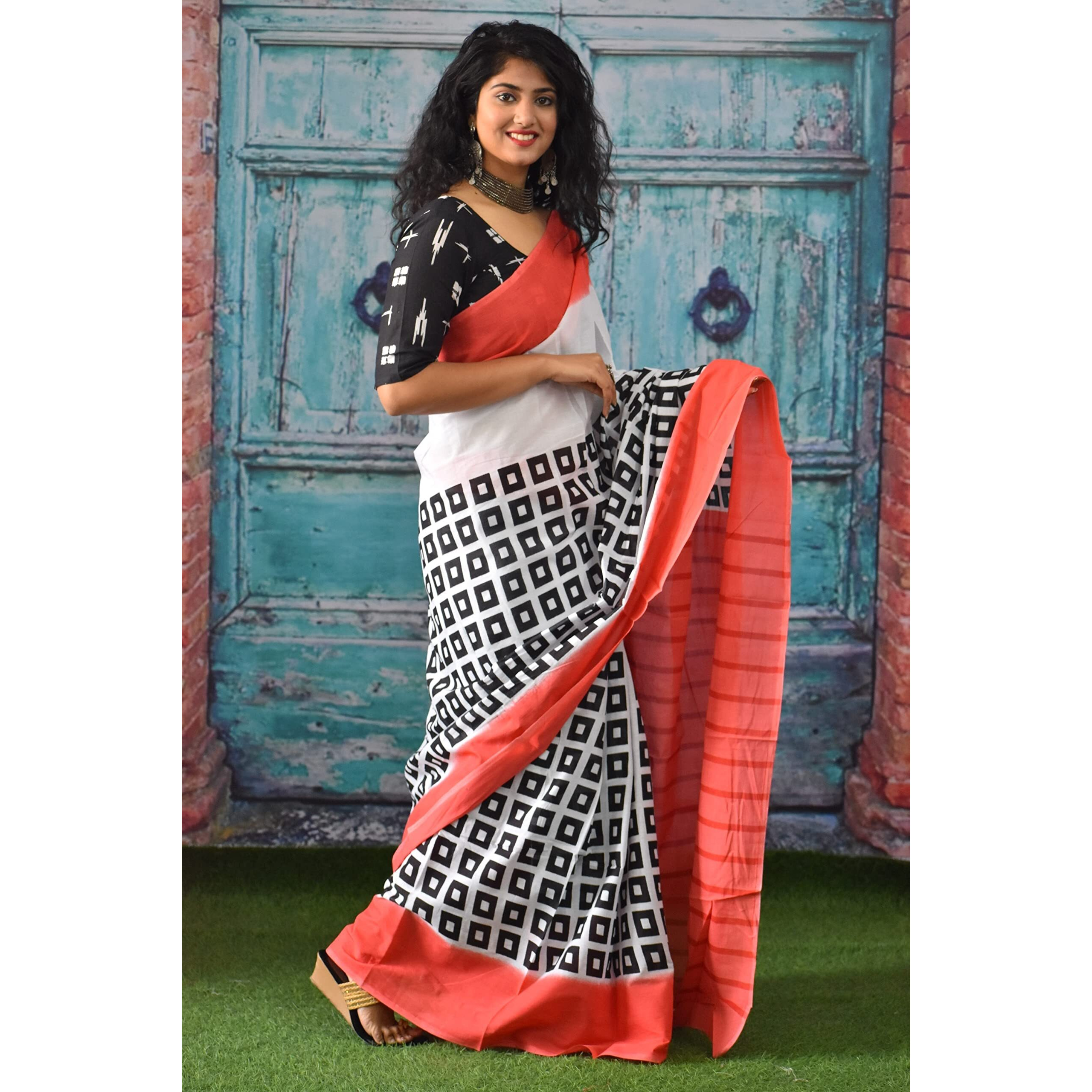JALTHER Handicrafts Womens Ikat Hand Block Print Jaipuri Cotton Mulmul Saree with Blouse Piece - White_132