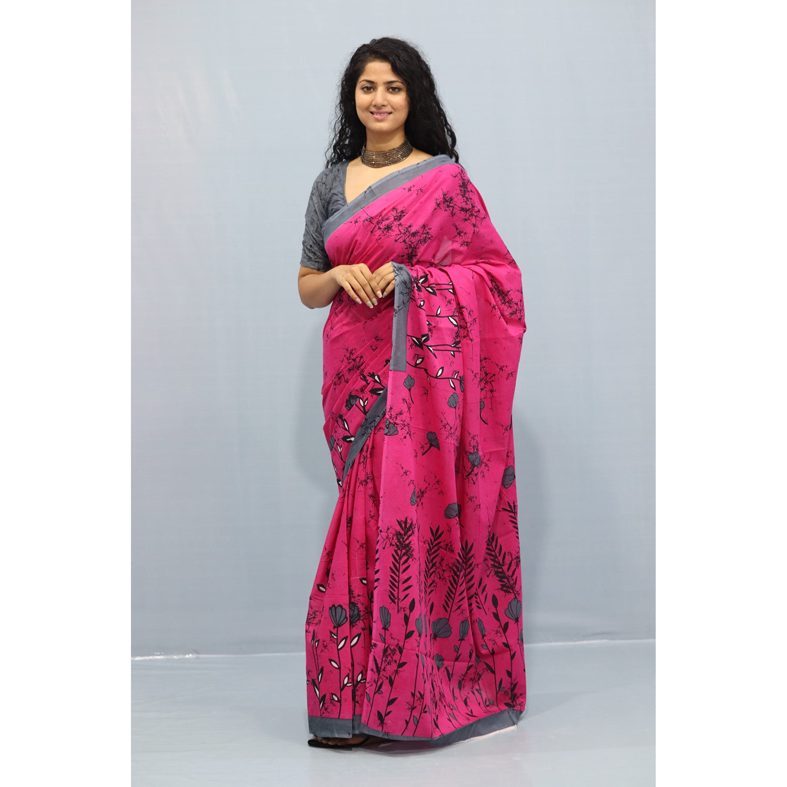 JALTHER Handicrafts Womens Ikat Hand Block Print Jaipuri Cotton Mulmul Saree with Blouse Piece - Pink_126
