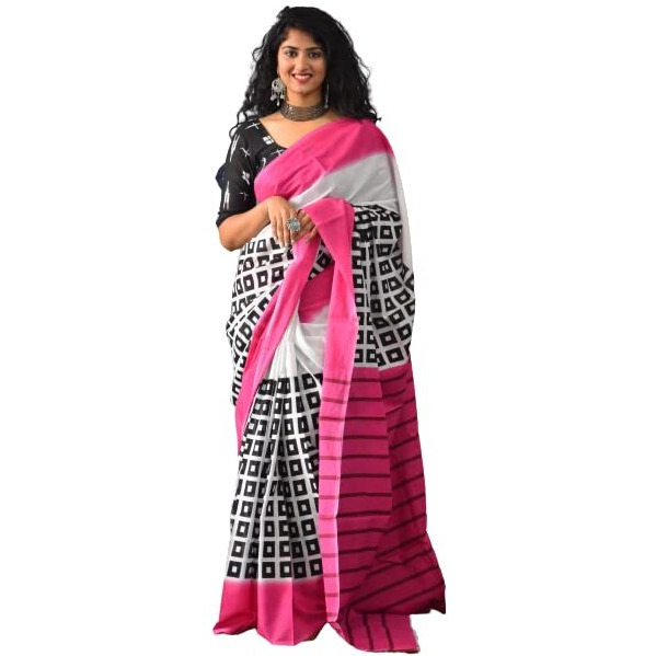JALTHER Handicrafts Womens Ikat Hand Block Print Jaipuri Cotton Mulmul Saree with Blouse Piece - Pink_133