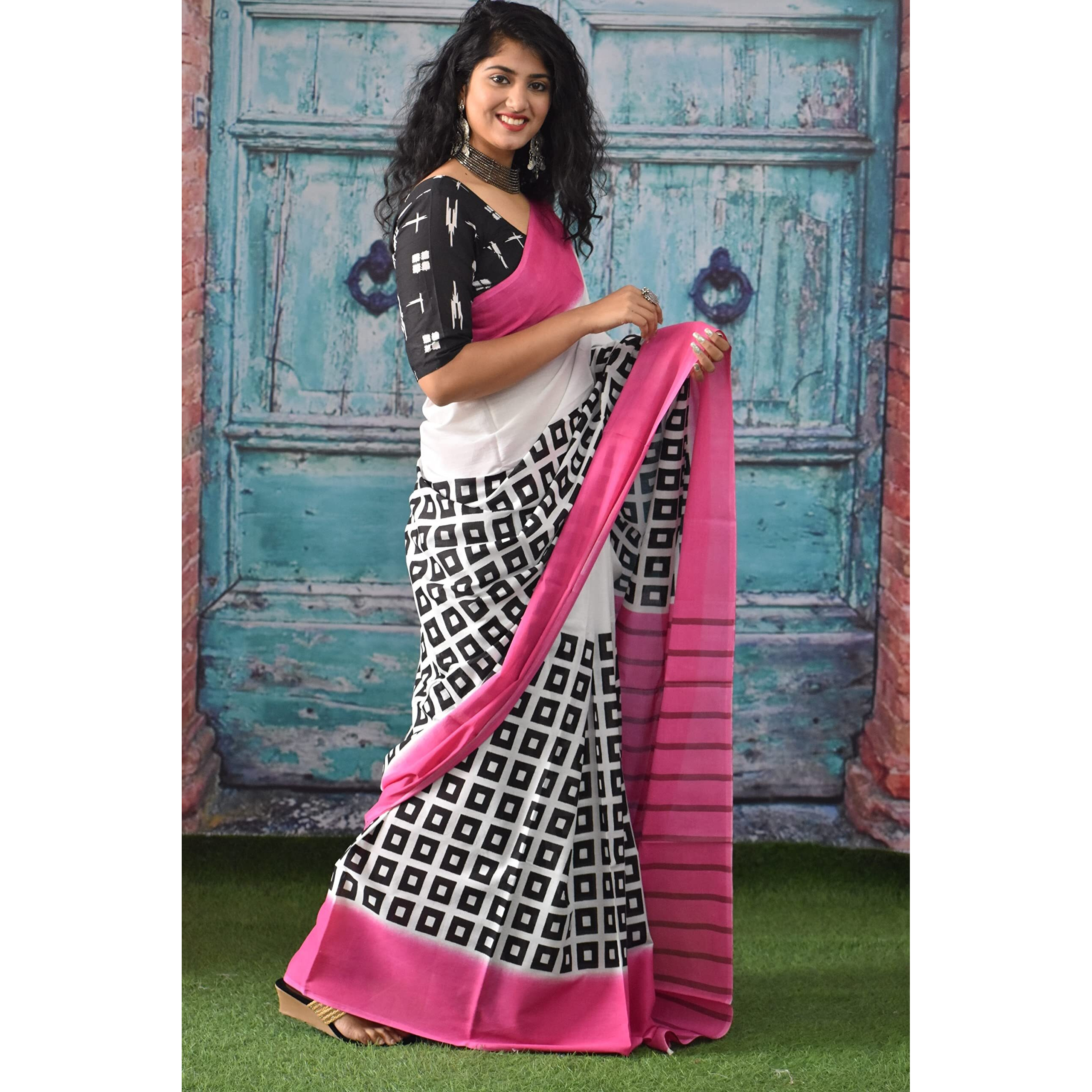 JALTHER Handicrafts Womens Ikat Hand Block Print Jaipuri Cotton Mulmul Saree with Blouse Piece - Pink_133