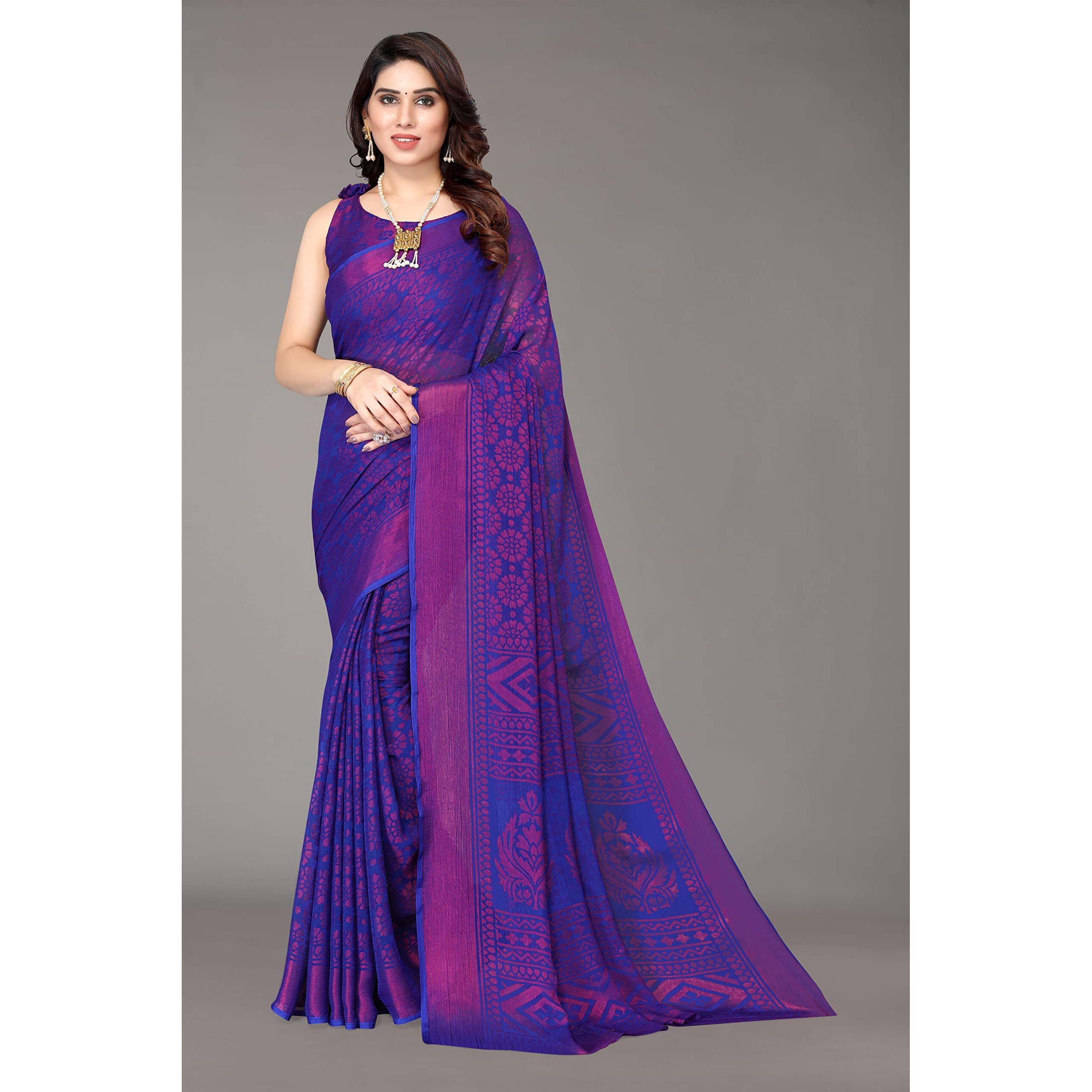 Mubeno Womens Woven Chiffon Brasso sarees for women Royal Blue Free