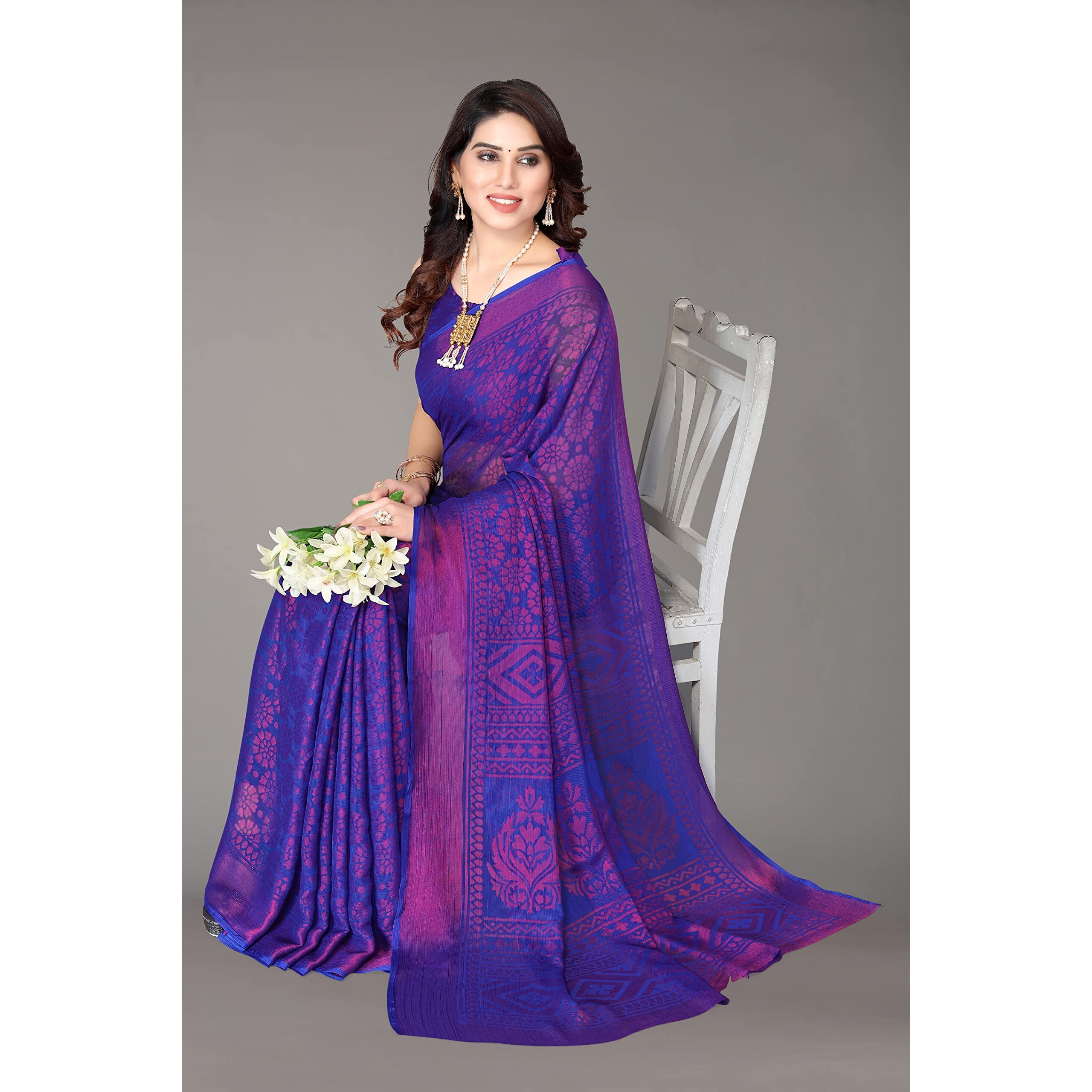 Mubeno Womens Woven Chiffon Brasso sarees for women Royal Blue Free