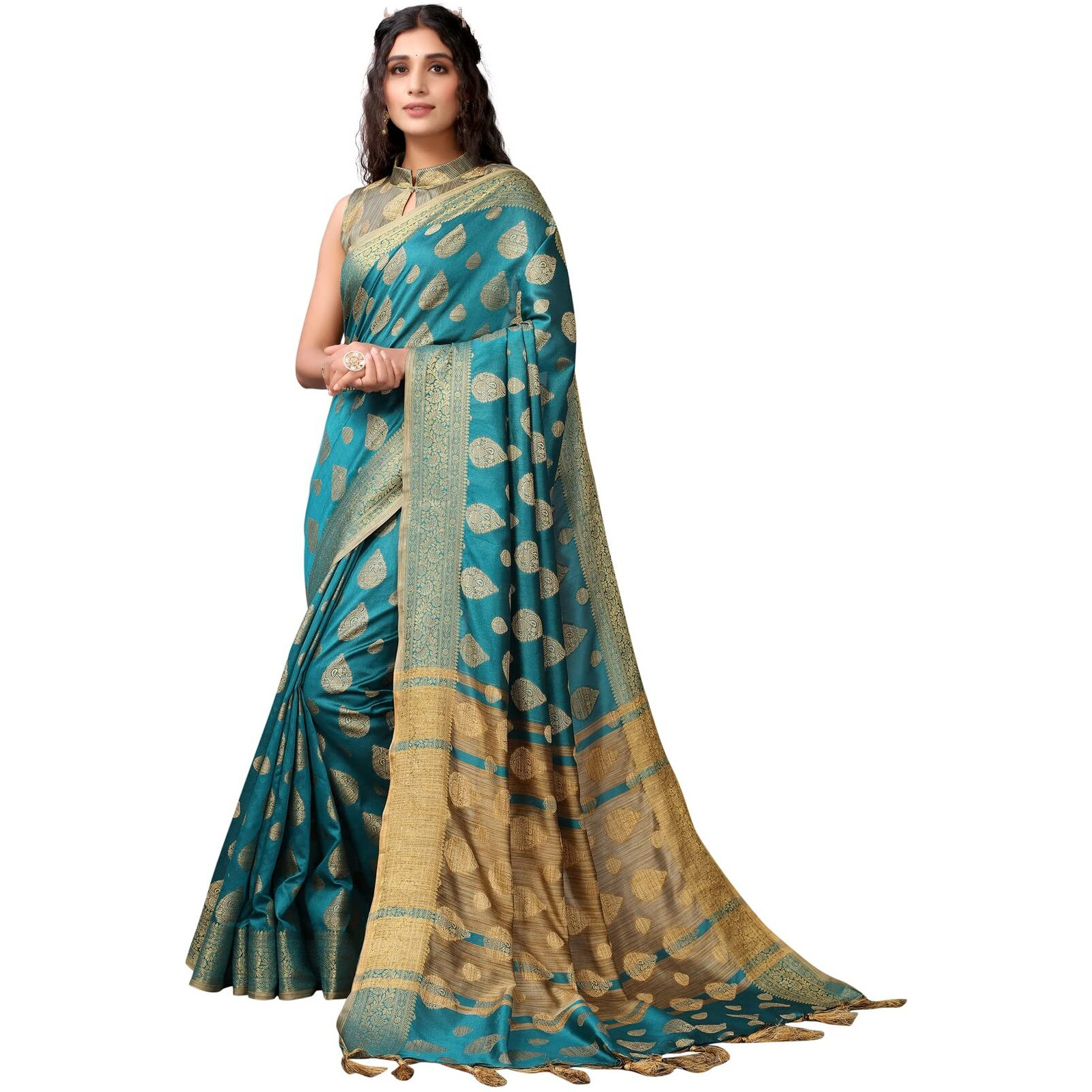 Satrani Womens Woven Cotton Blend Saree (2497SN3016_Rama Green)