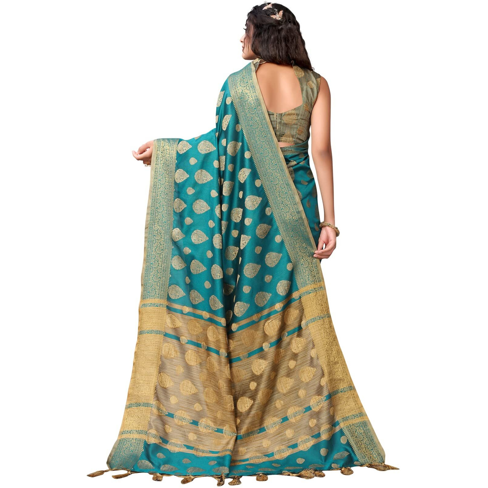 Satrani Womens Woven Cotton Blend Saree (2497SN3016_Rama Green)