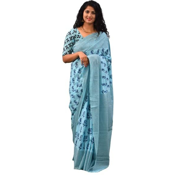 JALTHER Handicrafts Womens Ikat Hand Block Print Jaipuri Cotton Mulmul Saree with Blouse Piece - Multicolor_253