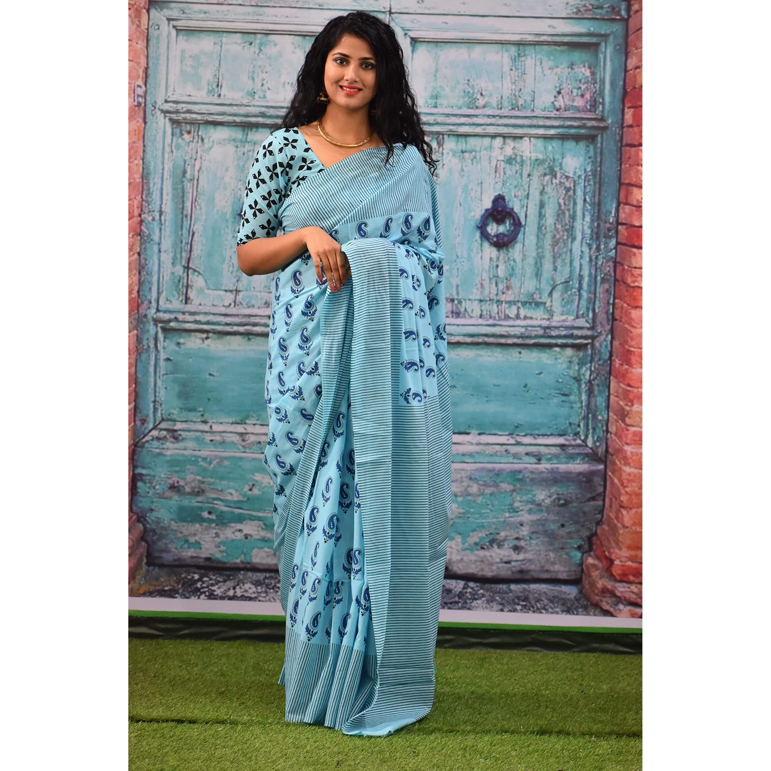 JALTHER Handicrafts Womens Ikat Hand Block Print Jaipuri Cotton Mulmul Saree with Blouse Piece - Multicolor_253