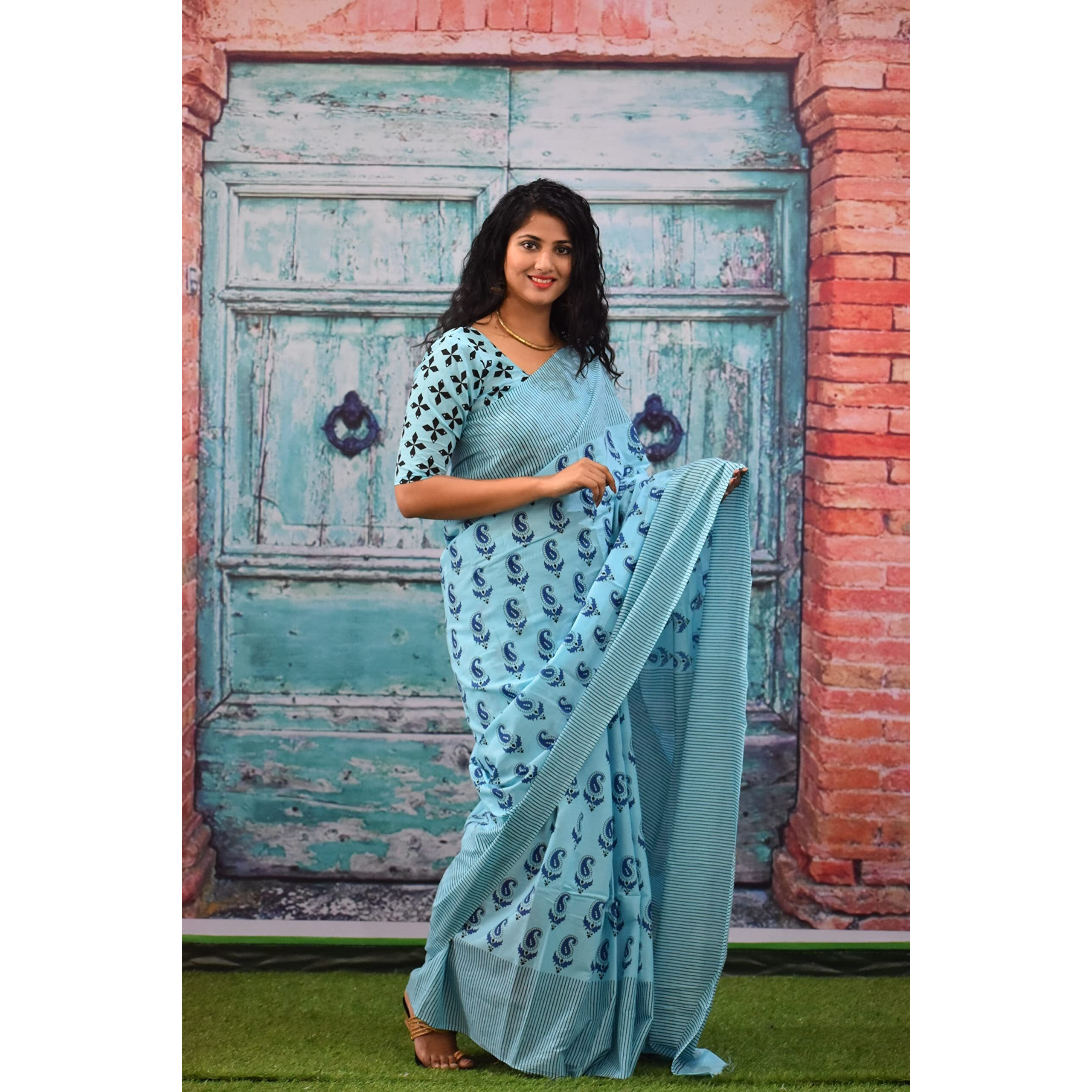 JALTHER Handicrafts Womens Ikat Hand Block Print Jaipuri Cotton Mulmul Saree with Blouse Piece - Multicolor_253