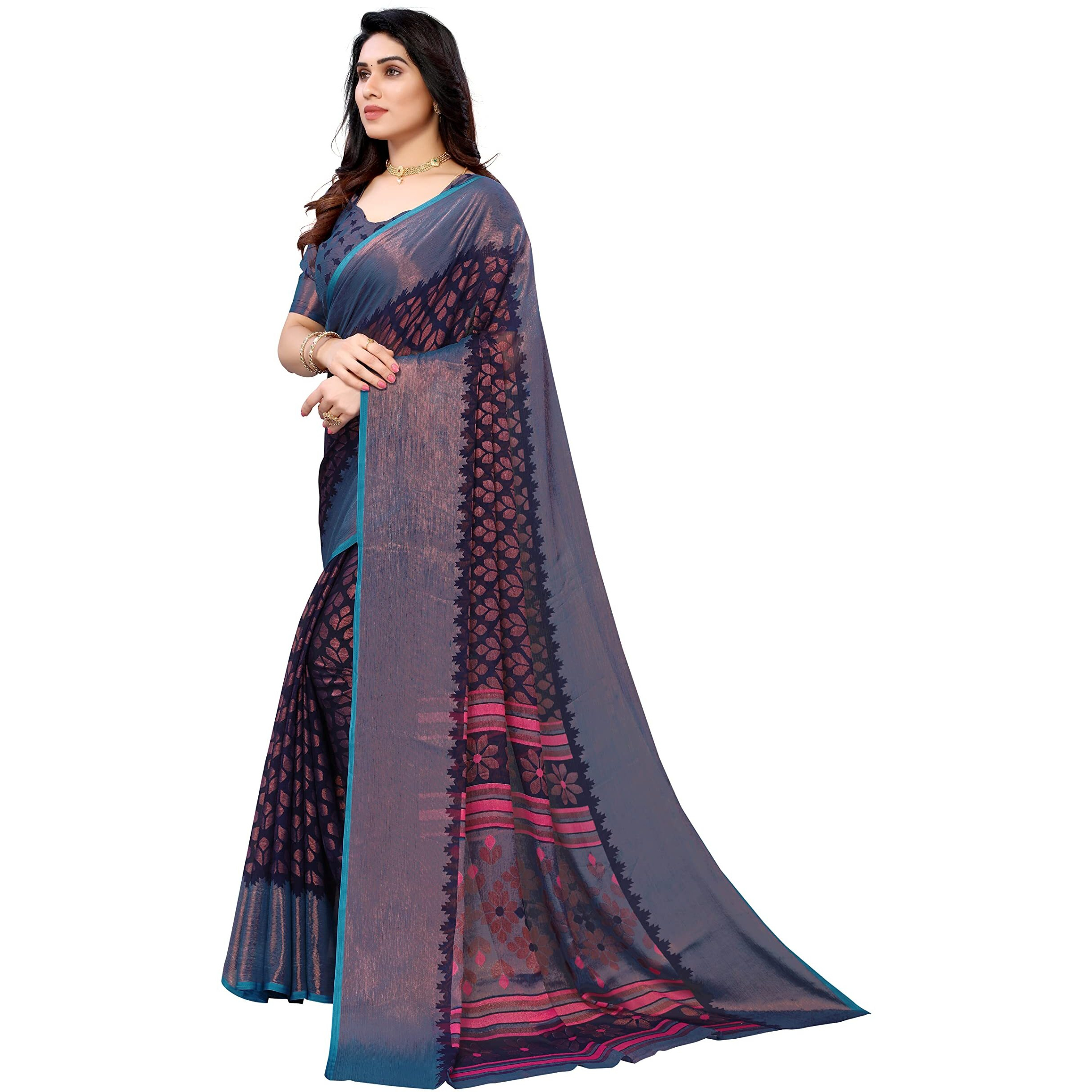 Mubeno PS Brasso Aadi Navy Blue_M Plain Chiffon Brasso sarees for women