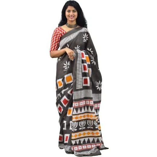 JALTHER Handicrafts Womens Ikat Hand Block Print Jaipuri Cotton Mulmul Saree with Blouse Piece - Multi_256