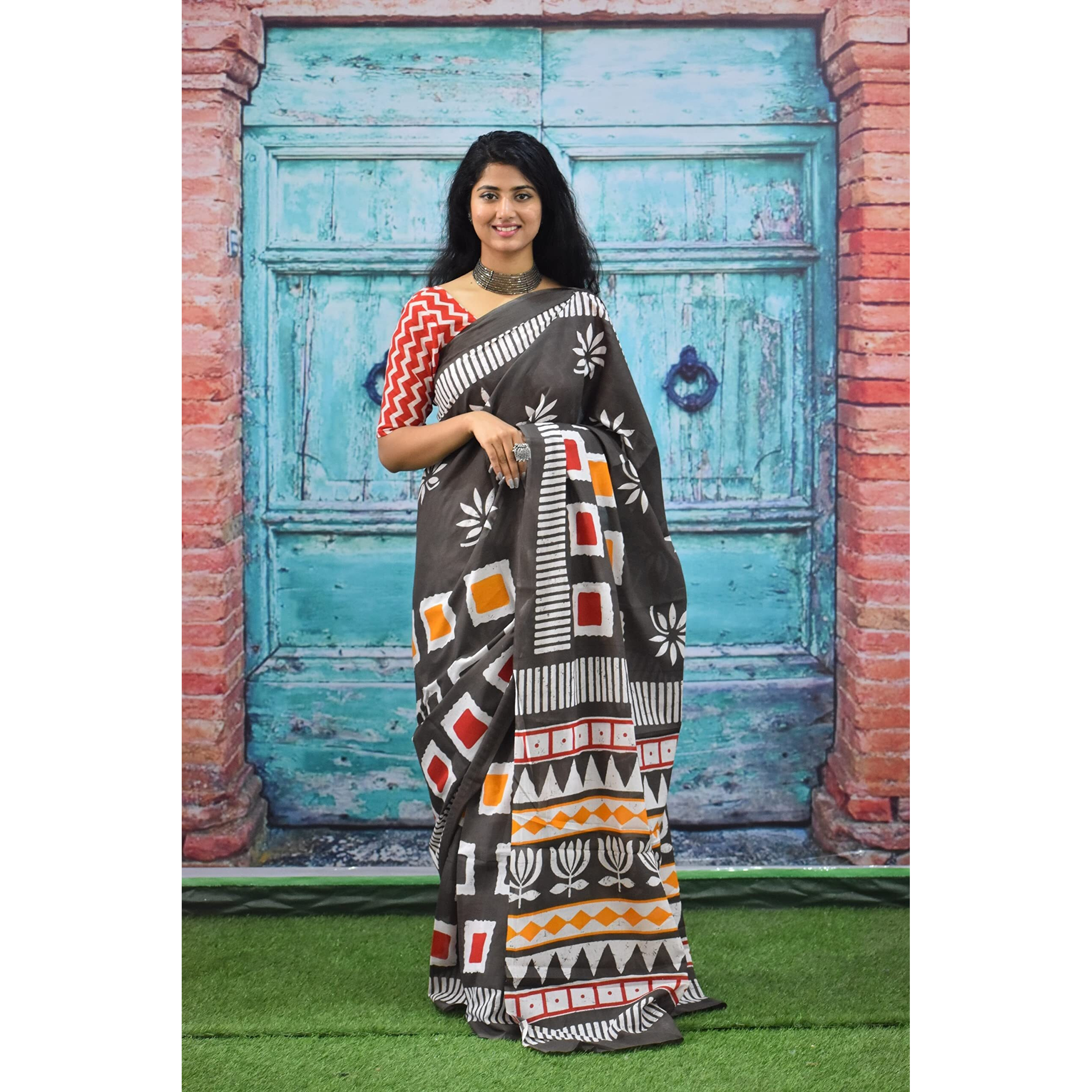 JALTHER Handicrafts Womens Ikat Hand Block Print Jaipuri Cotton Mulmul Saree with Blouse Piece - Multi_256