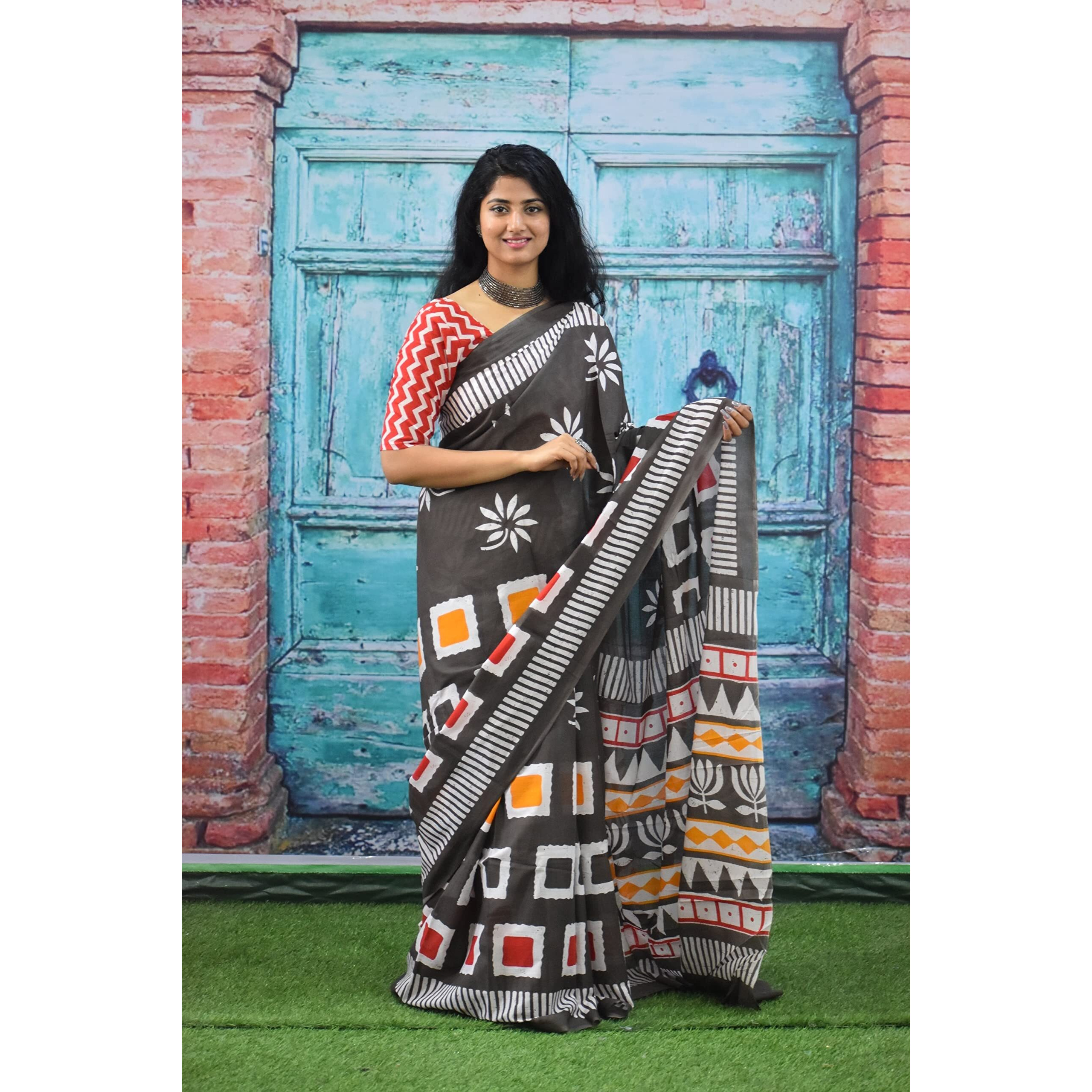 JALTHER Handicrafts Womens Ikat Hand Block Print Jaipuri Cotton Mulmul Saree with Blouse Piece - Multi_256