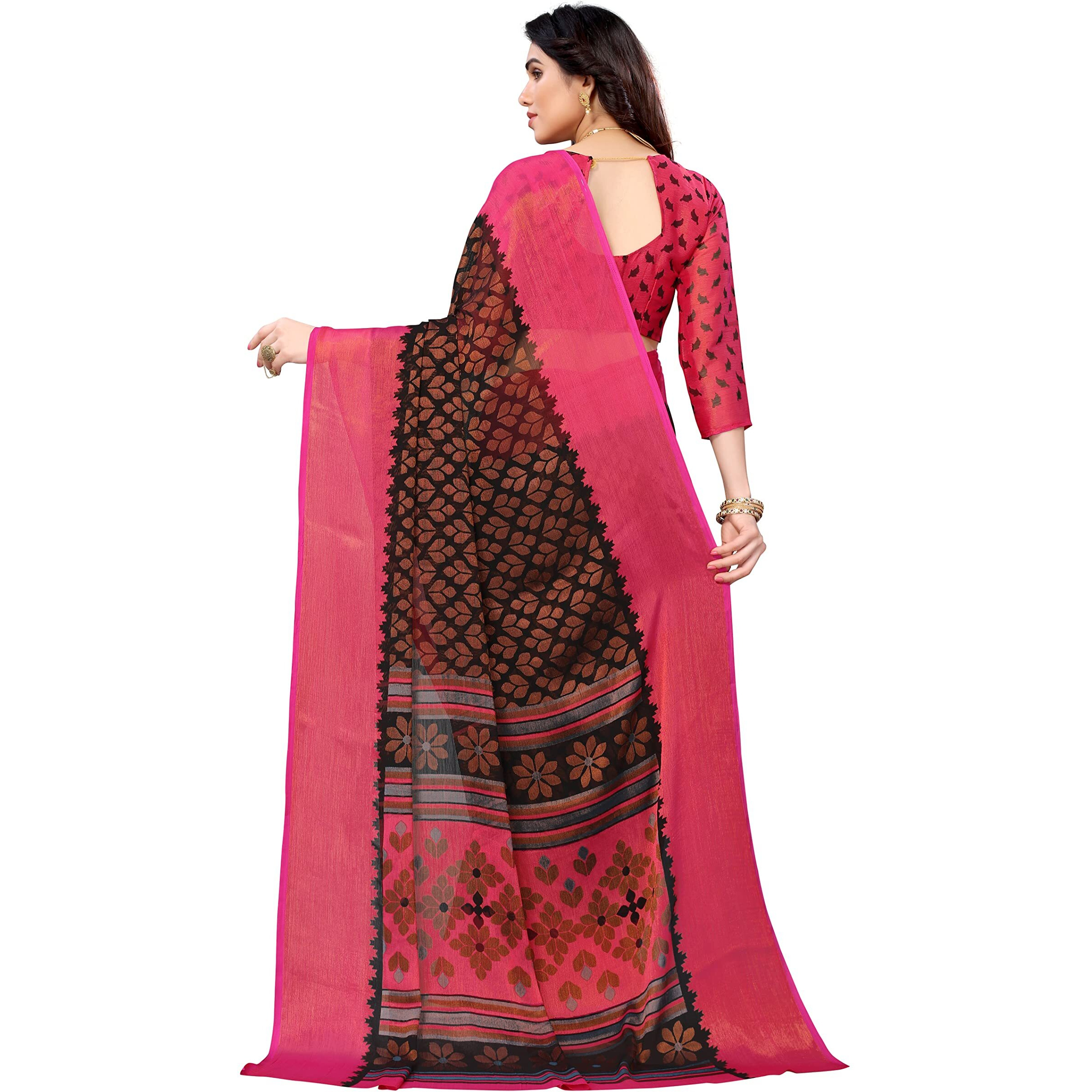 Mubeno PS Brasso Aadi Black Pink_M Plain Chiffon Brasso sarees for women