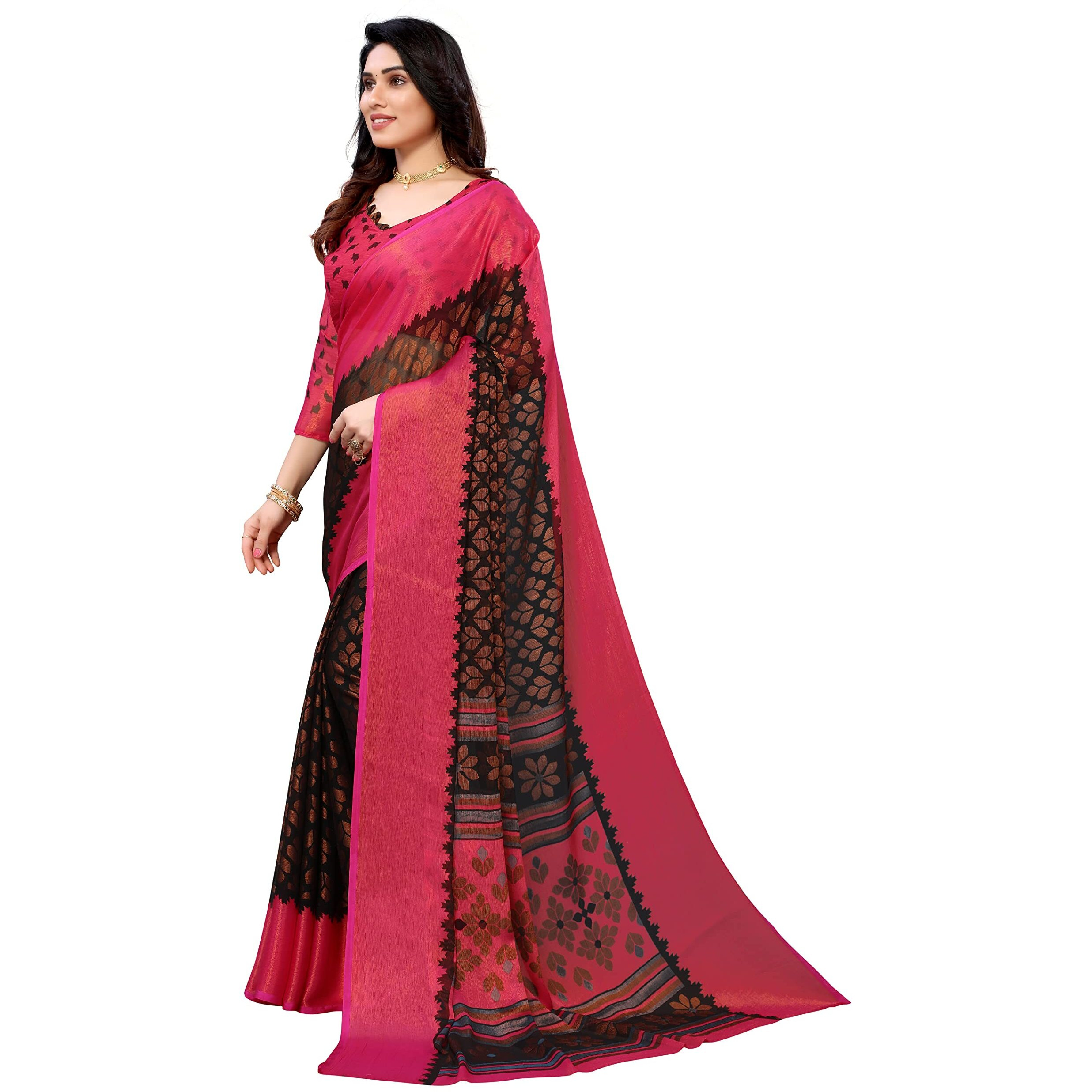 Mubeno PS Brasso Aadi Black Pink_M Plain Chiffon Brasso sarees for women