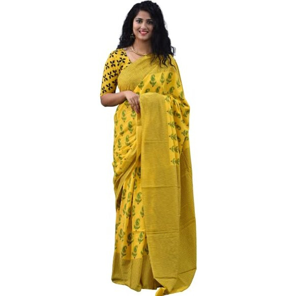 JALTHER Handicrafts Womens Ikat Hand Block Print Jaipuri Cotton Mulmul Saree with Blouse Piece - Yellow_254