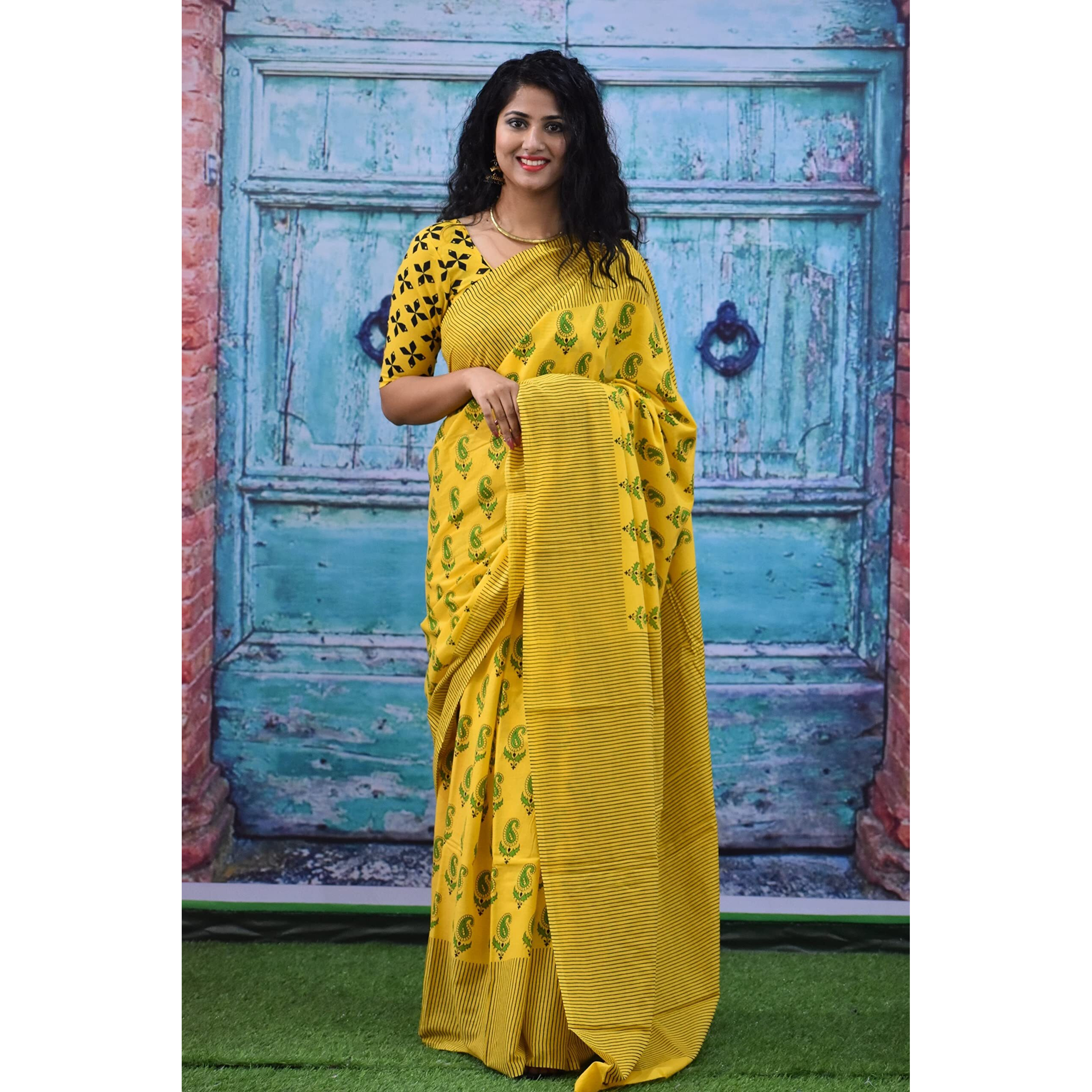 JALTHER Handicrafts Womens Ikat Hand Block Print Jaipuri Cotton Mulmul Saree with Blouse Piece - Yellow_254