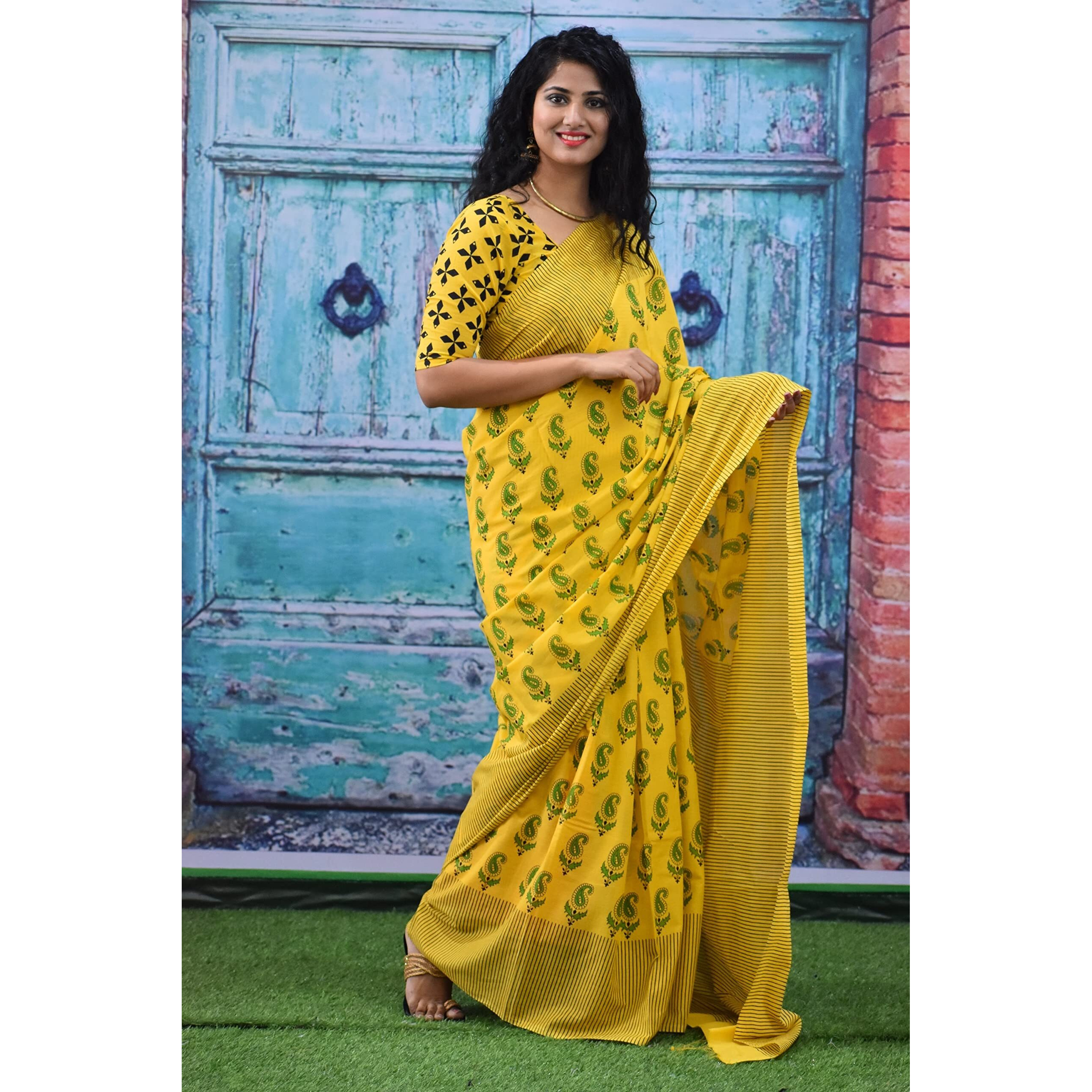 JALTHER Handicrafts Womens Ikat Hand Block Print Jaipuri Cotton Mulmul Saree with Blouse Piece - Yellow_254