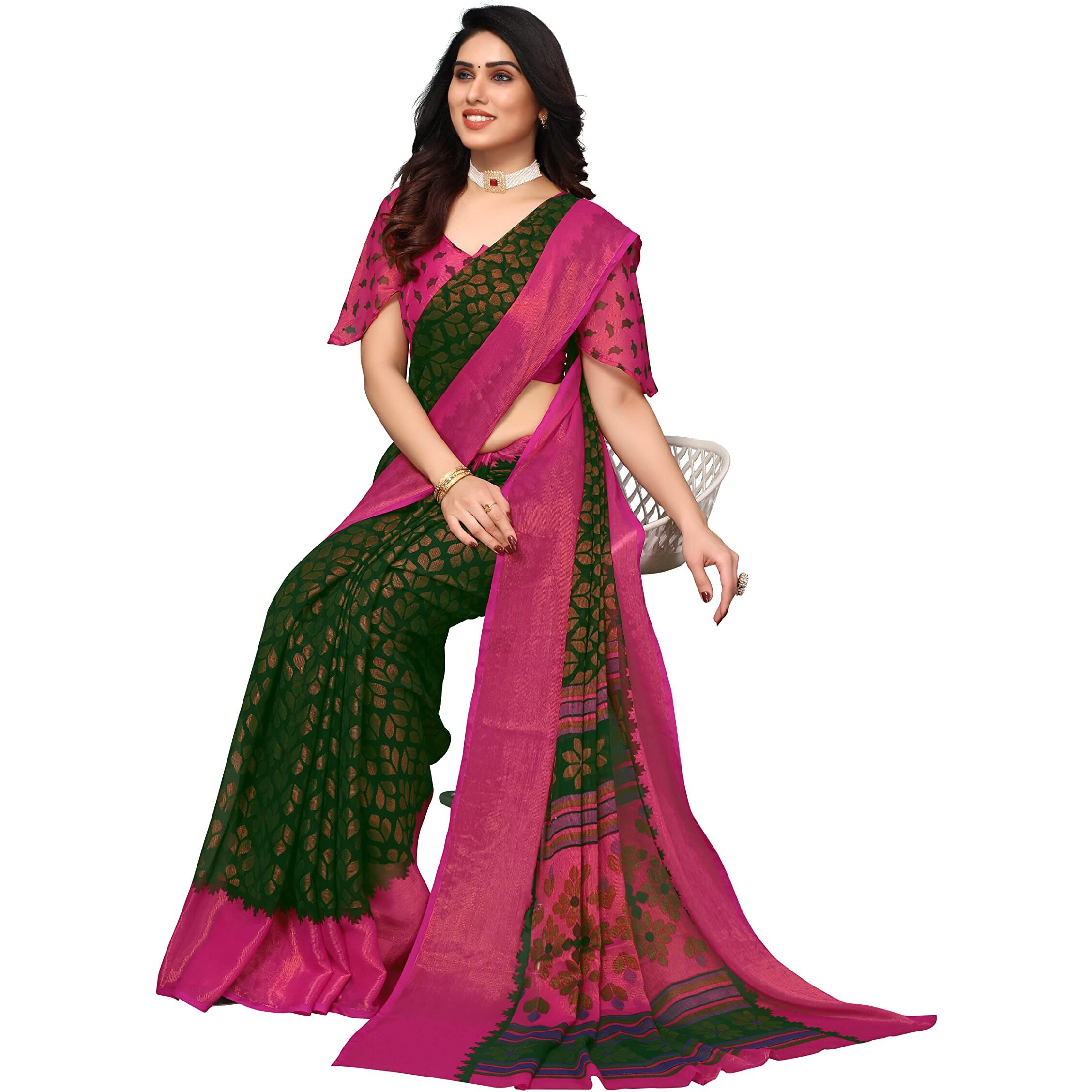Mubeno PS Brasso Aadi Bottle Green_M Plain Chiffon Brasso sarees for women