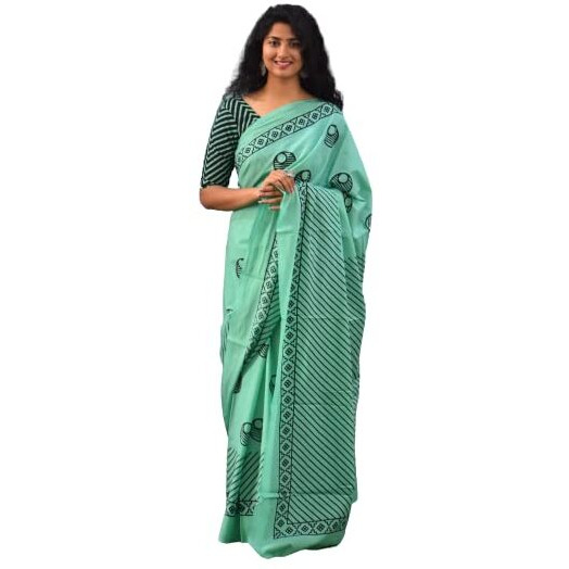 JALTHER Handicrafts Womens Ikat Hand Block Print Jaipuri Cotton Mulmul Saree with Blouse Piece - Green_249