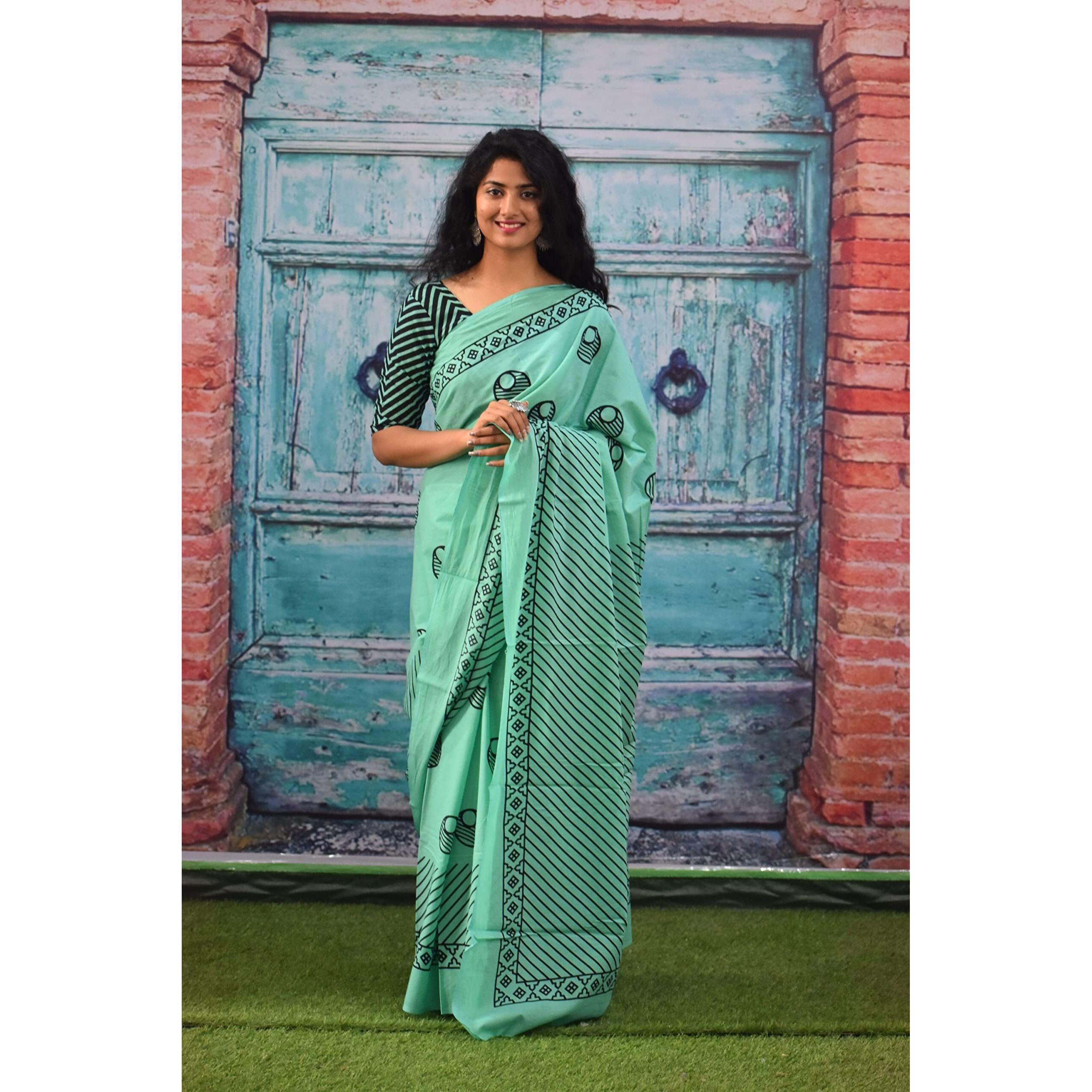 JALTHER Handicrafts Womens Ikat Hand Block Print Jaipuri Cotton Mulmul Saree with Blouse Piece - Green_249