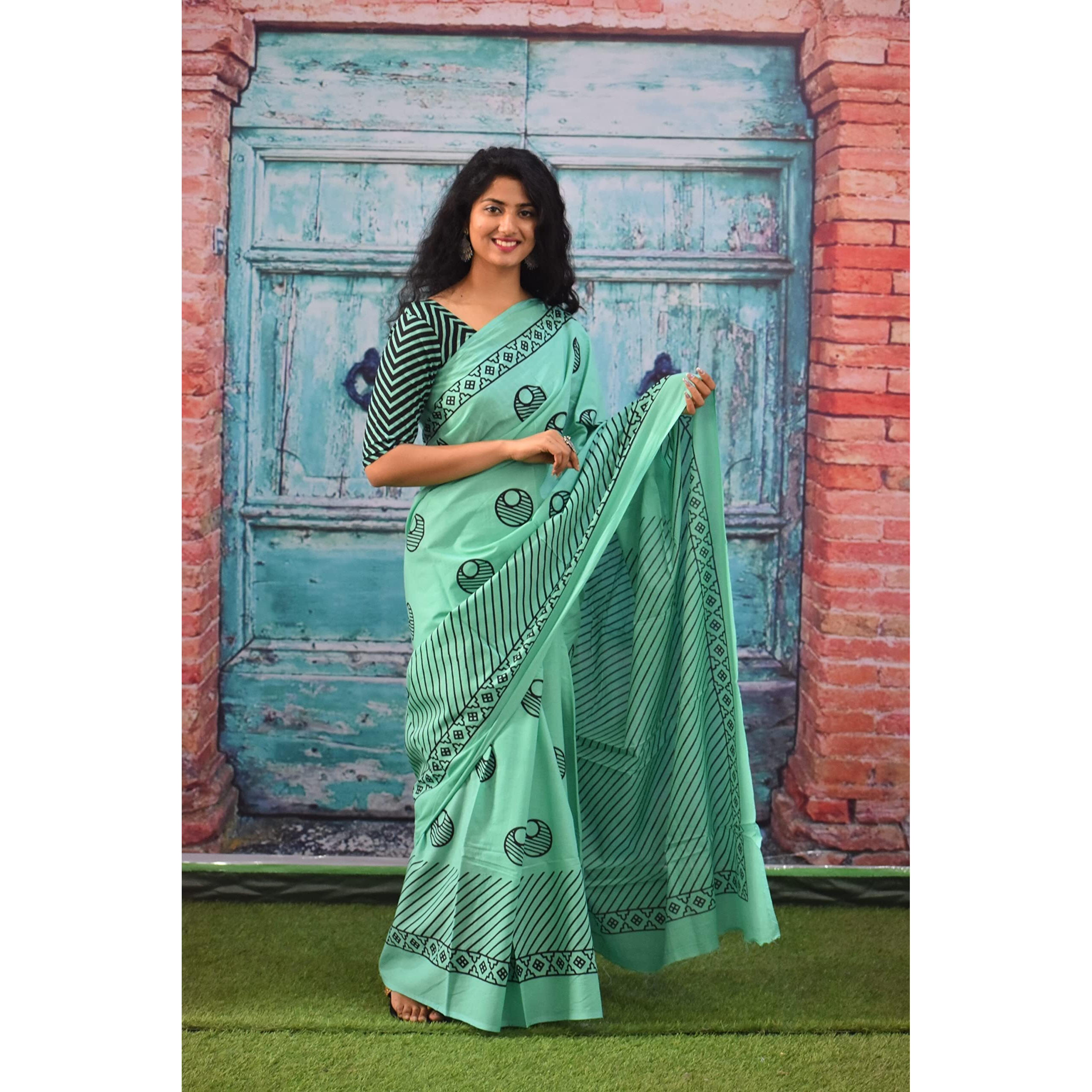 JALTHER Handicrafts Womens Ikat Hand Block Print Jaipuri Cotton Mulmul Saree with Blouse Piece - Green_249