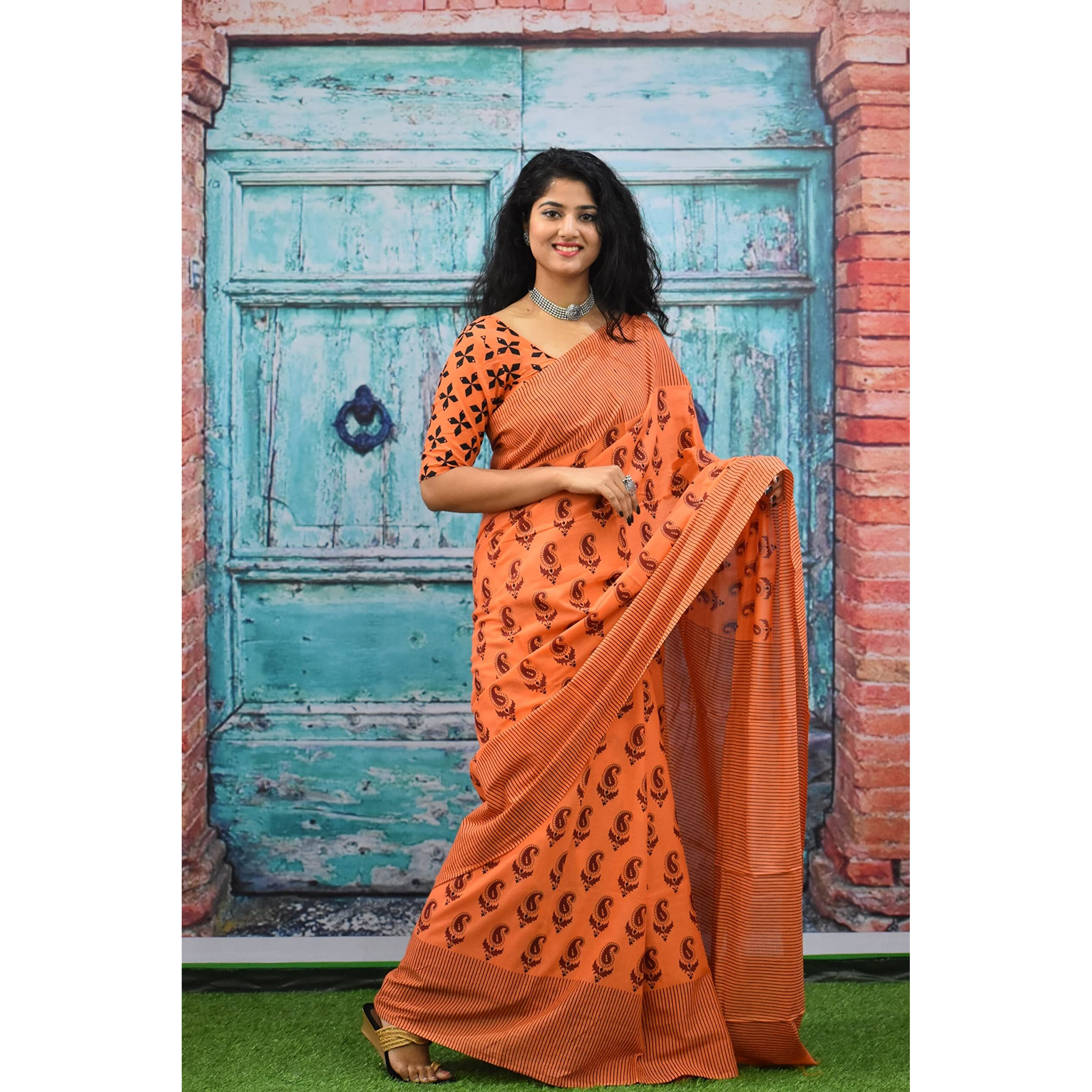 JALTHER Handicrafts Womens Ikat Hand Block Print Jaipuri Cotton Mulmul Saree with Blouse Piece - Orange_252