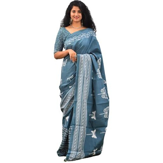 JALTHER Handicrafts Womens Ikat Hand Block Print Jaipuri Cotton Mulmul Saree with Blouse Piece - Multi_257