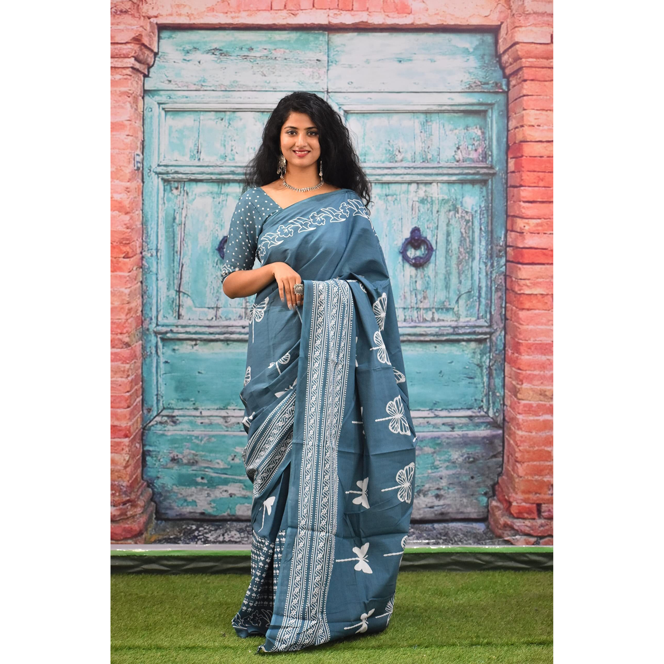 JALTHER Handicrafts Womens Ikat Hand Block Print Jaipuri Cotton Mulmul Saree with Blouse Piece - Multi_257