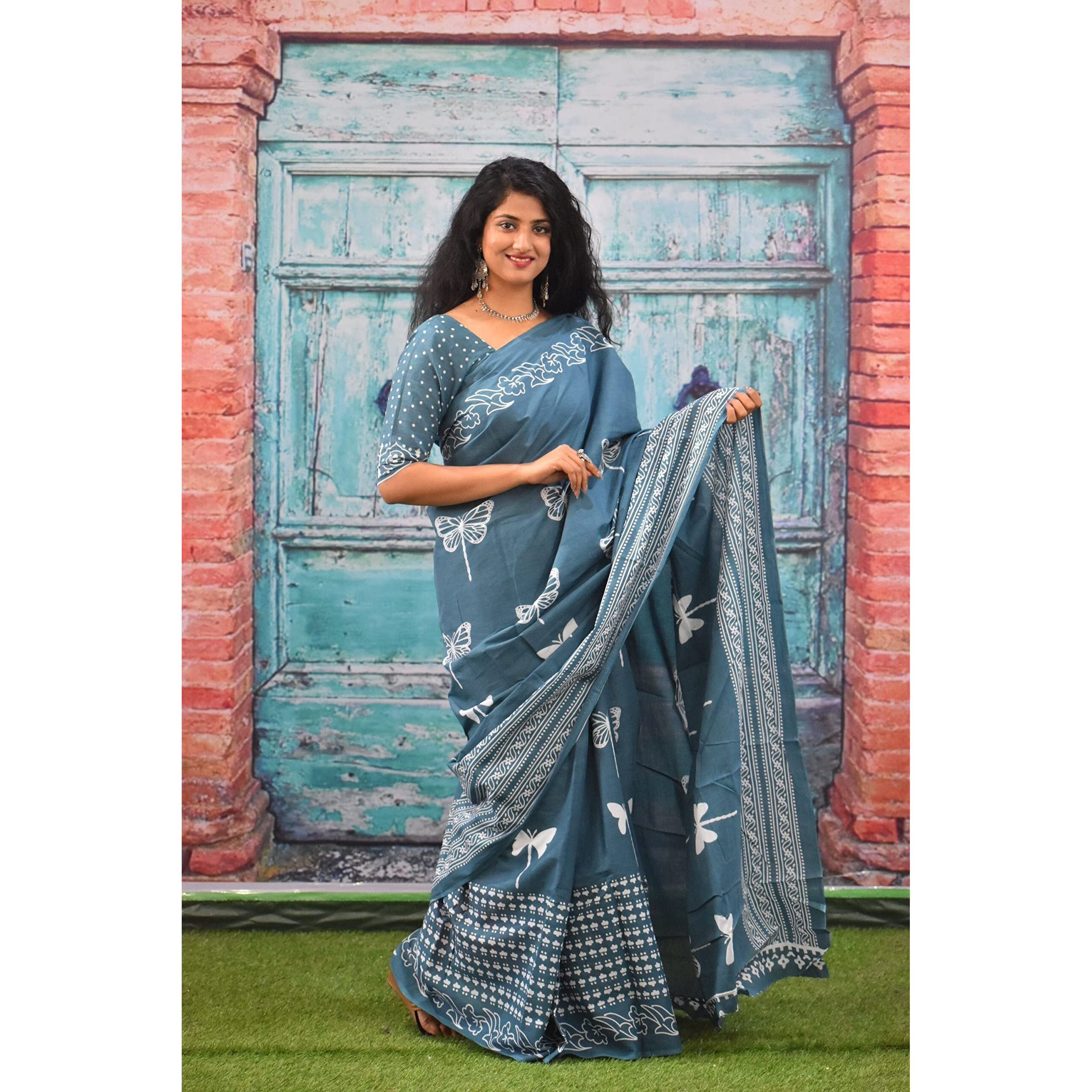 JALTHER Handicrafts Womens Ikat Hand Block Print Jaipuri Cotton Mulmul Saree with Blouse Piece - Multi_257