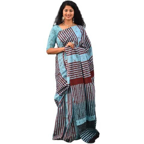 JALTHER Handicrafts Womens Ikat Hand Block Print Jaipuri Cotton Mulmul Saree with Blouse Piece - Turquiose_136