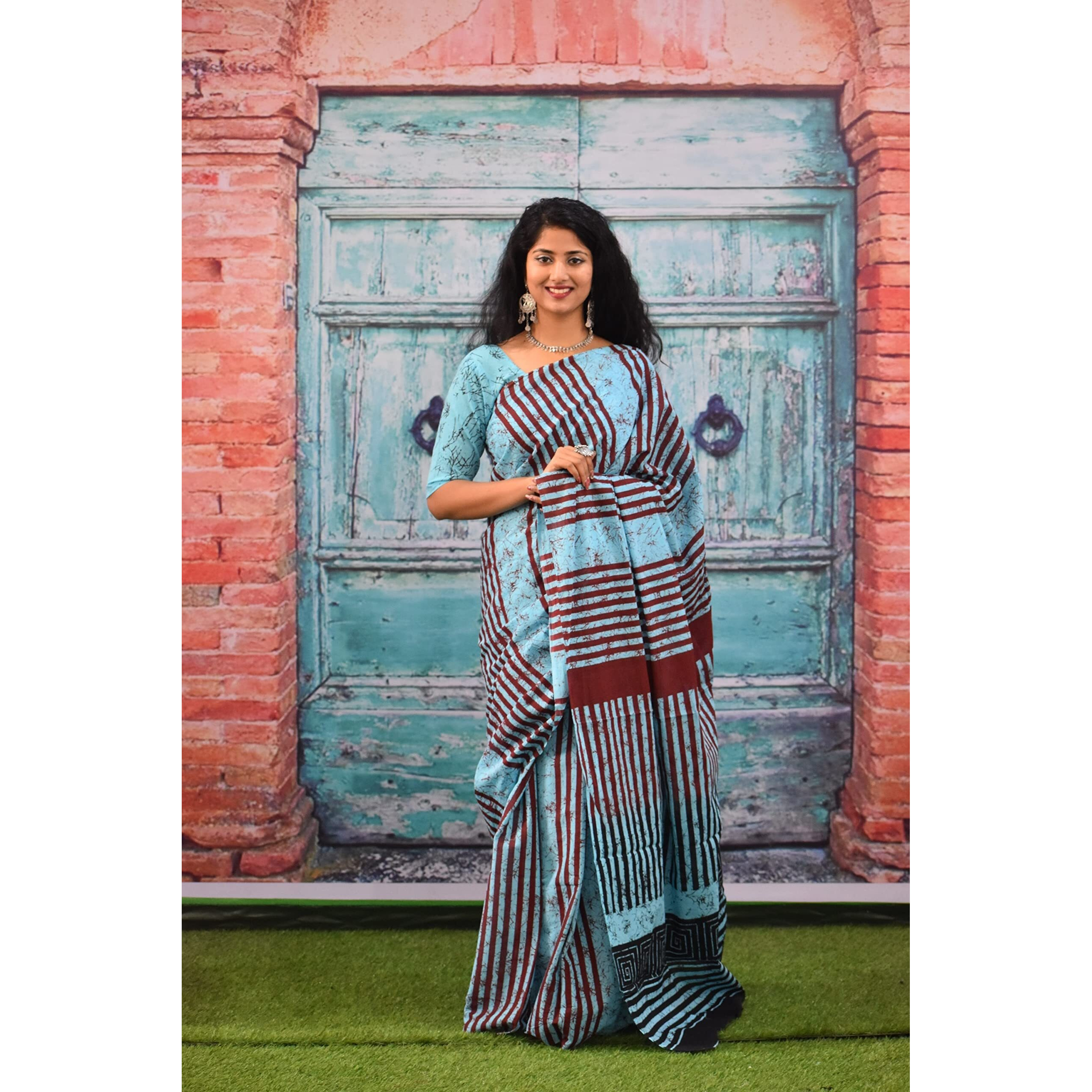JALTHER Handicrafts Womens Ikat Hand Block Print Jaipuri Cotton Mulmul Saree with Blouse Piece - Turquiose_136