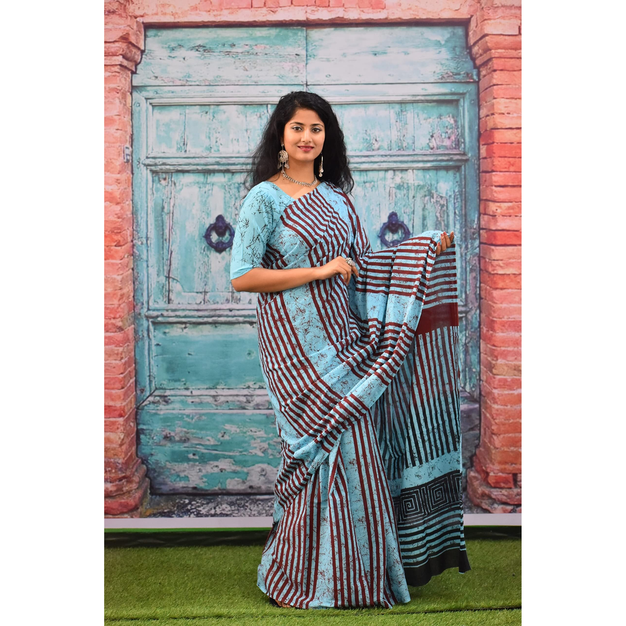 JALTHER Handicrafts Womens Ikat Hand Block Print Jaipuri Cotton Mulmul Saree with Blouse Piece - Turquiose_136