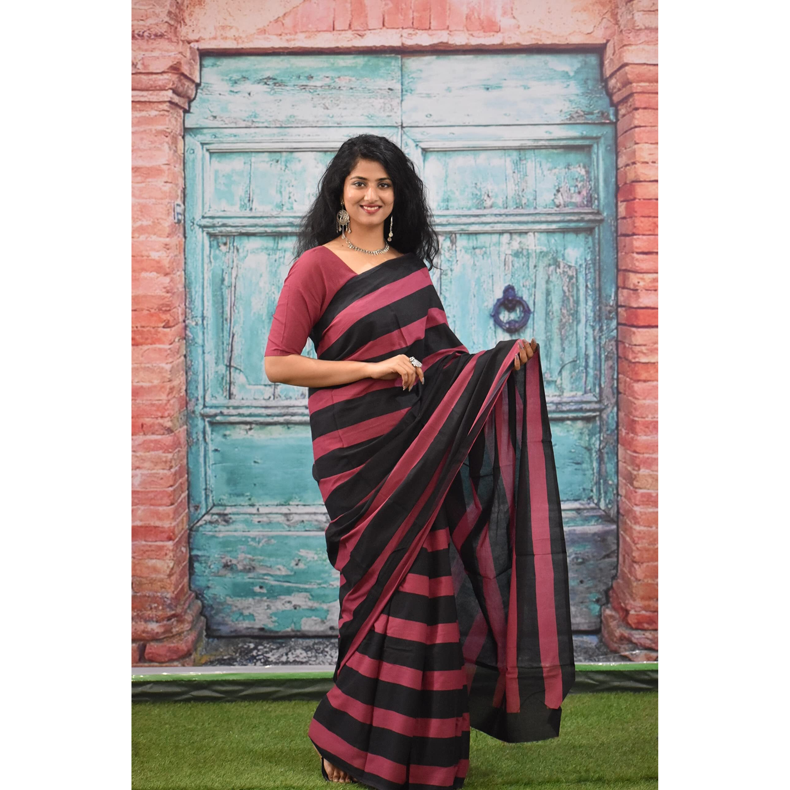 JALTHER Handicrafts Womens Ikat Hand Block Print Jaipuri Cotton Mulmul Saree with Blouse Piece - Black_140