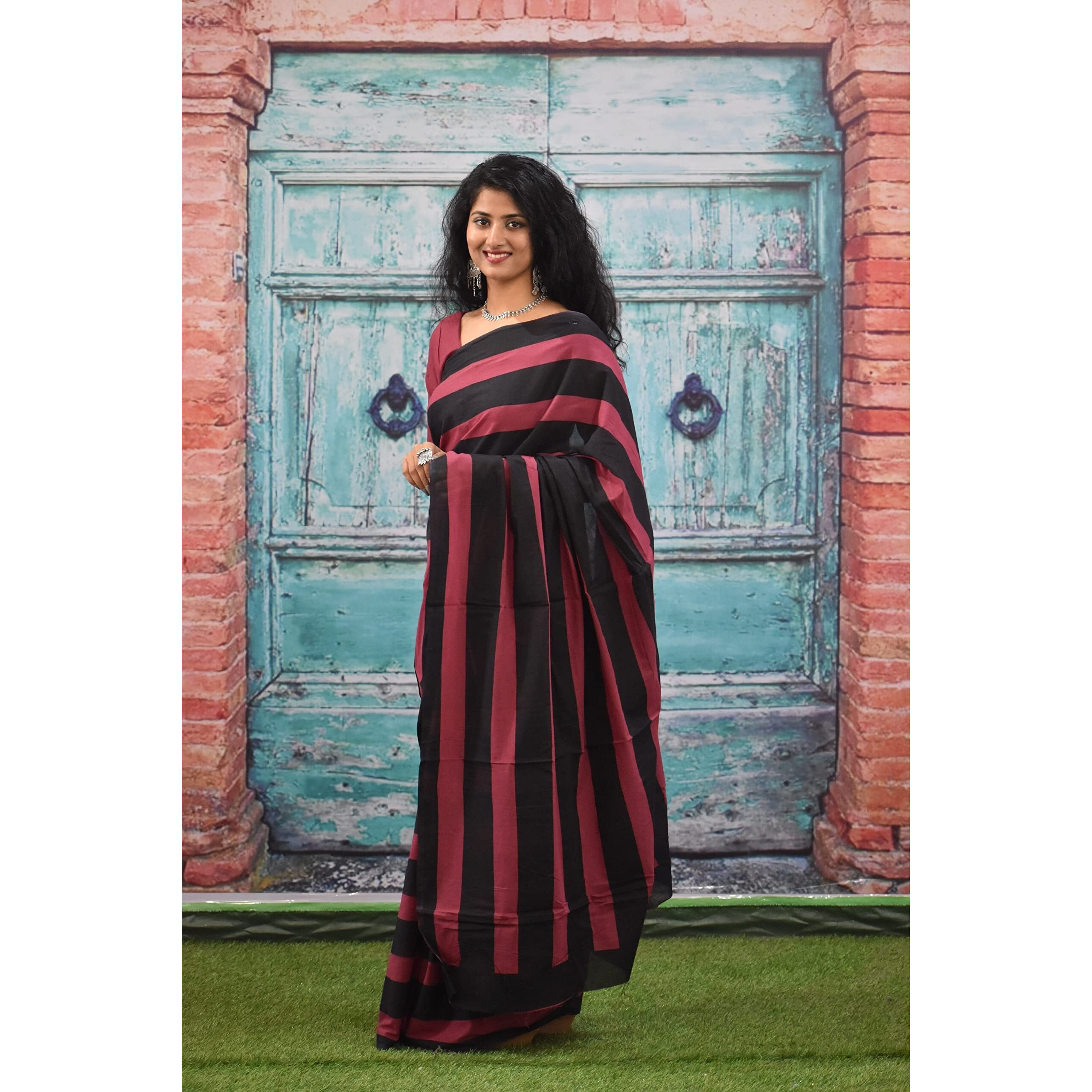 JALTHER Handicrafts Womens Ikat Hand Block Print Jaipuri Cotton Mulmul Saree with Blouse Piece - Black_140