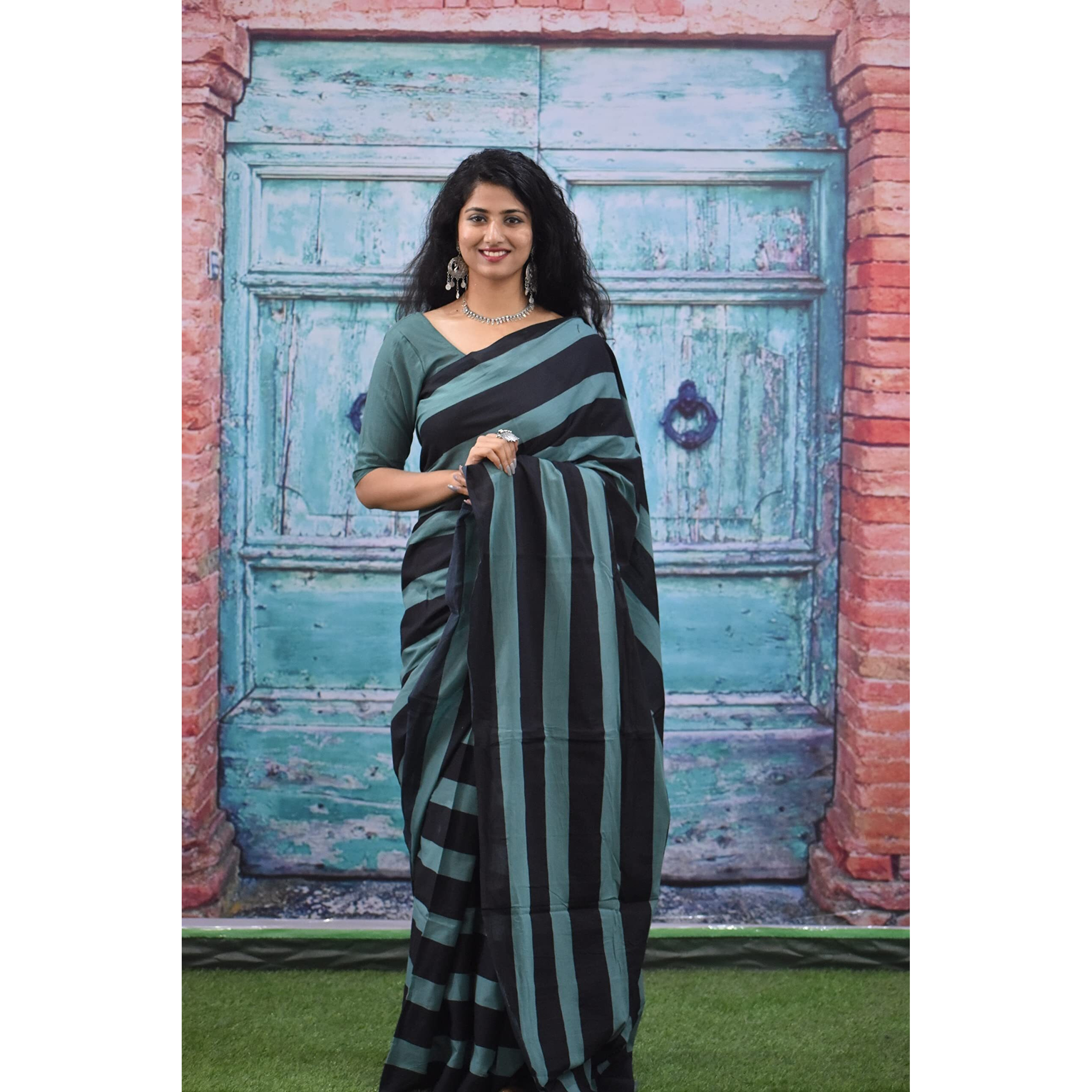JALTHER Handicrafts Womens Ikat Hand Block Print Jaipuri Cotton Mulmul Saree with Blouse Piece -Black_138