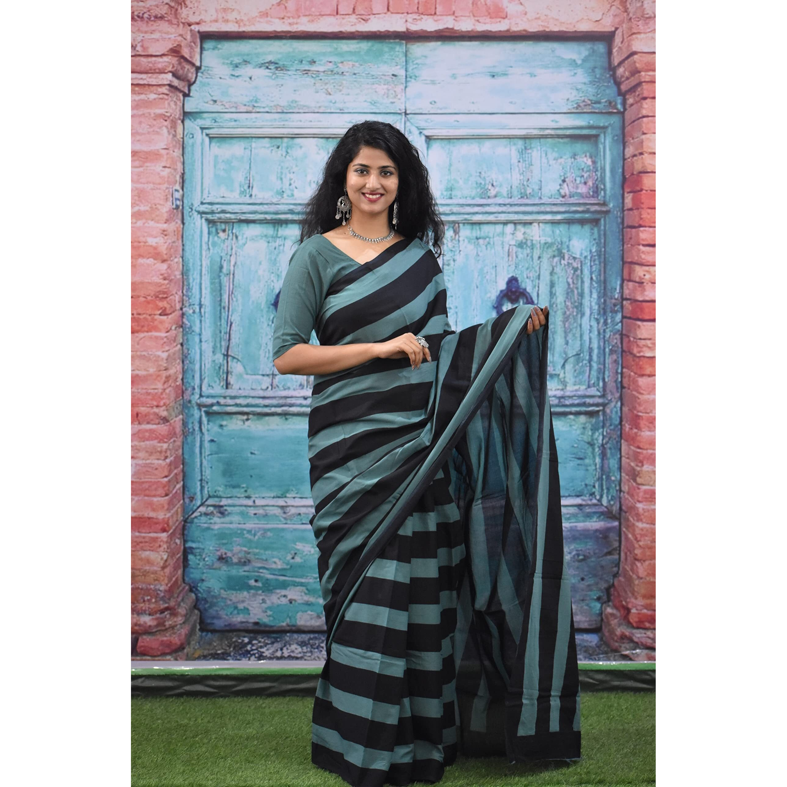 JALTHER Handicrafts Womens Ikat Hand Block Print Jaipuri Cotton Mulmul Saree with Blouse Piece -Black_138