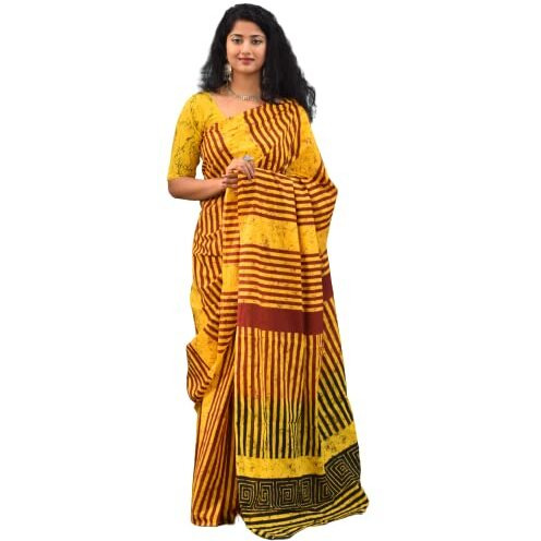 JALTHER Handicrafts Womens Ikat Hand Block Print Jaipuri Cotton Mulmul Saree with Blouse Piece - Yellow_137