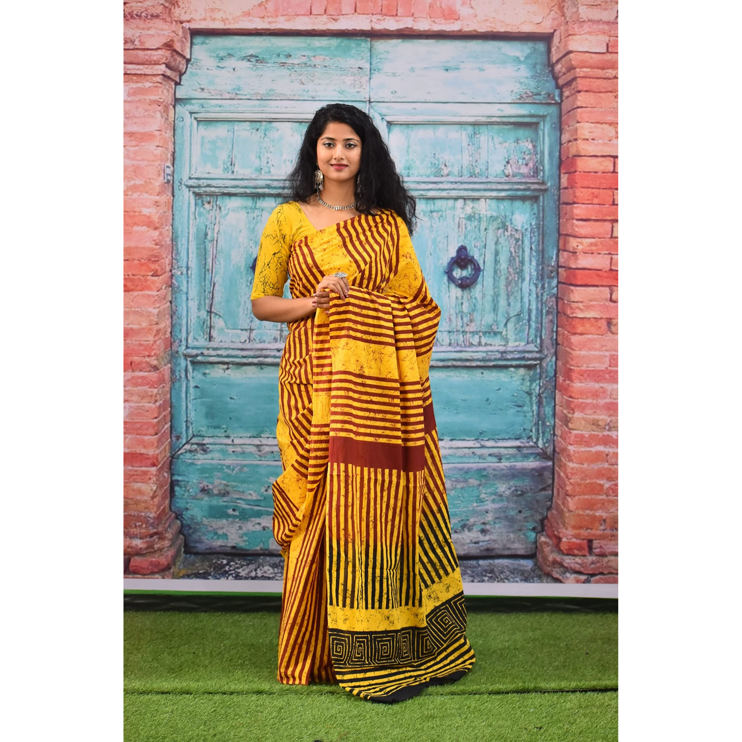 JALTHER Handicrafts Womens Ikat Hand Block Print Jaipuri Cotton Mulmul Saree with Blouse Piece - Yellow_137
