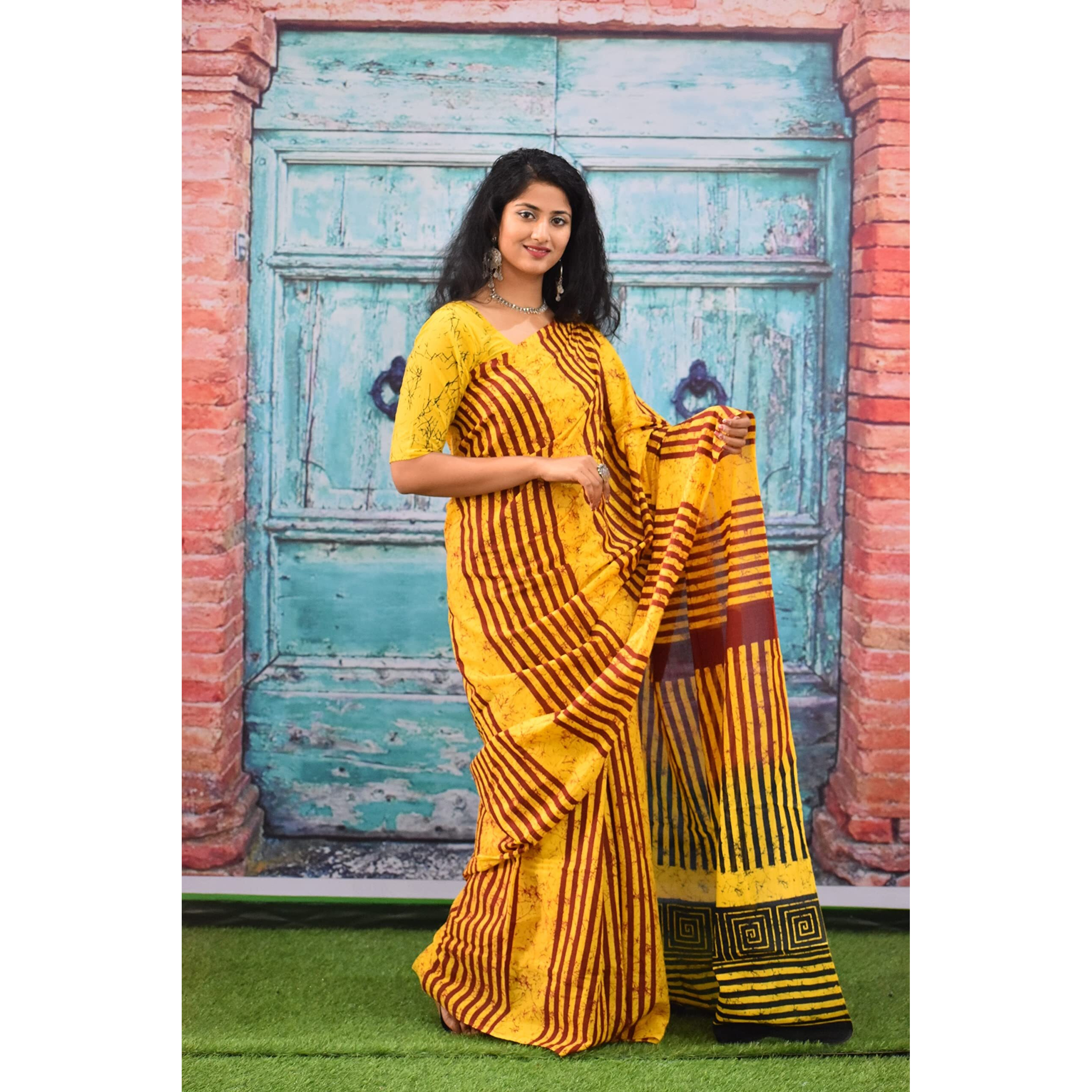 JALTHER Handicrafts Womens Ikat Hand Block Print Jaipuri Cotton Mulmul Saree with Blouse Piece - Yellow_137