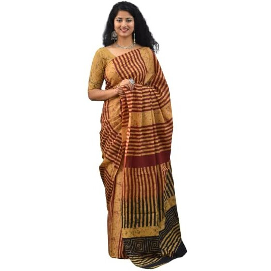 JALTHER Handicrafts Womens Ikat Hand Block Print Jaipuri Cotton Mulmul Saree with Blouse Piece - Brown_141