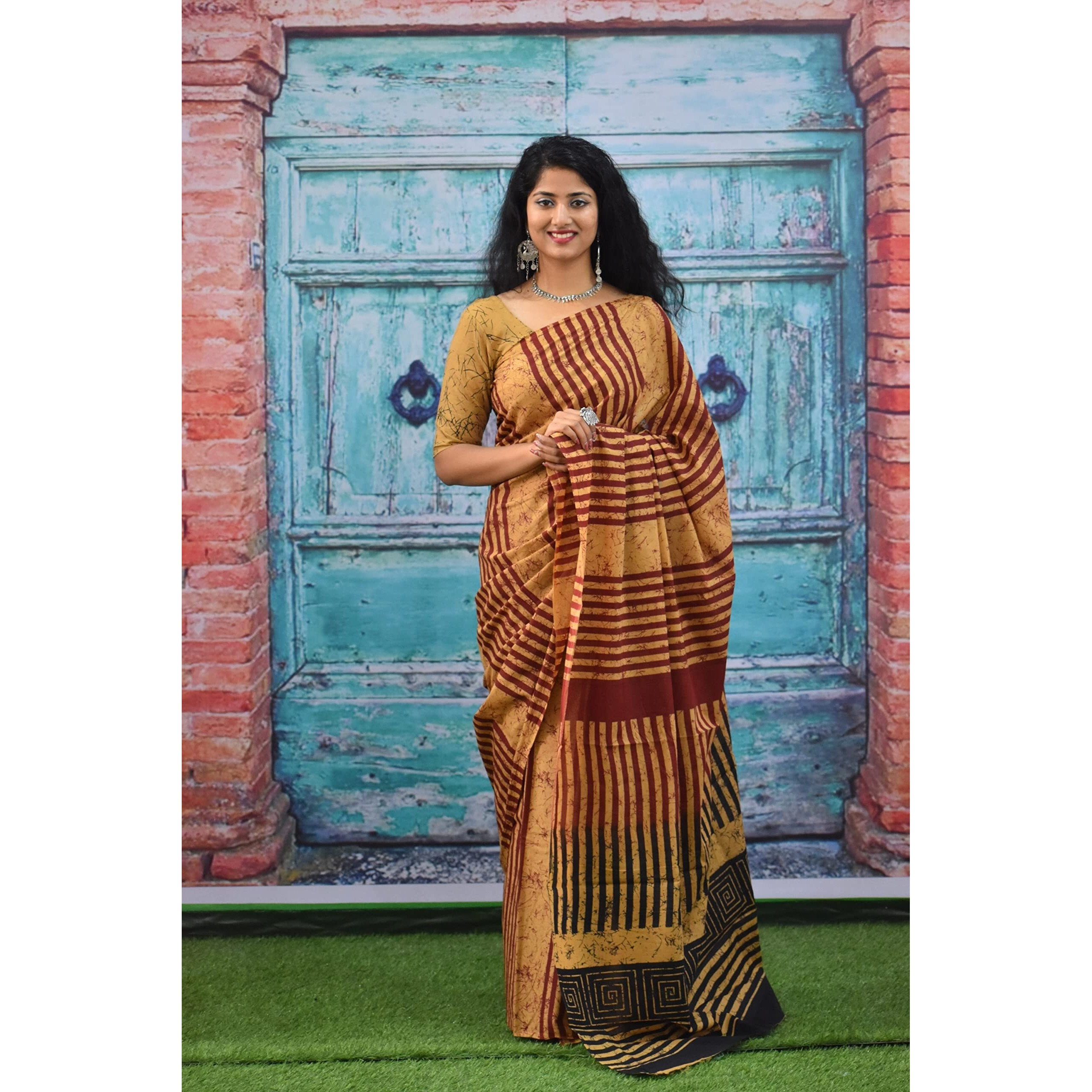 JALTHER Handicrafts Womens Ikat Hand Block Print Jaipuri Cotton Mulmul Saree with Blouse Piece - Brown_141