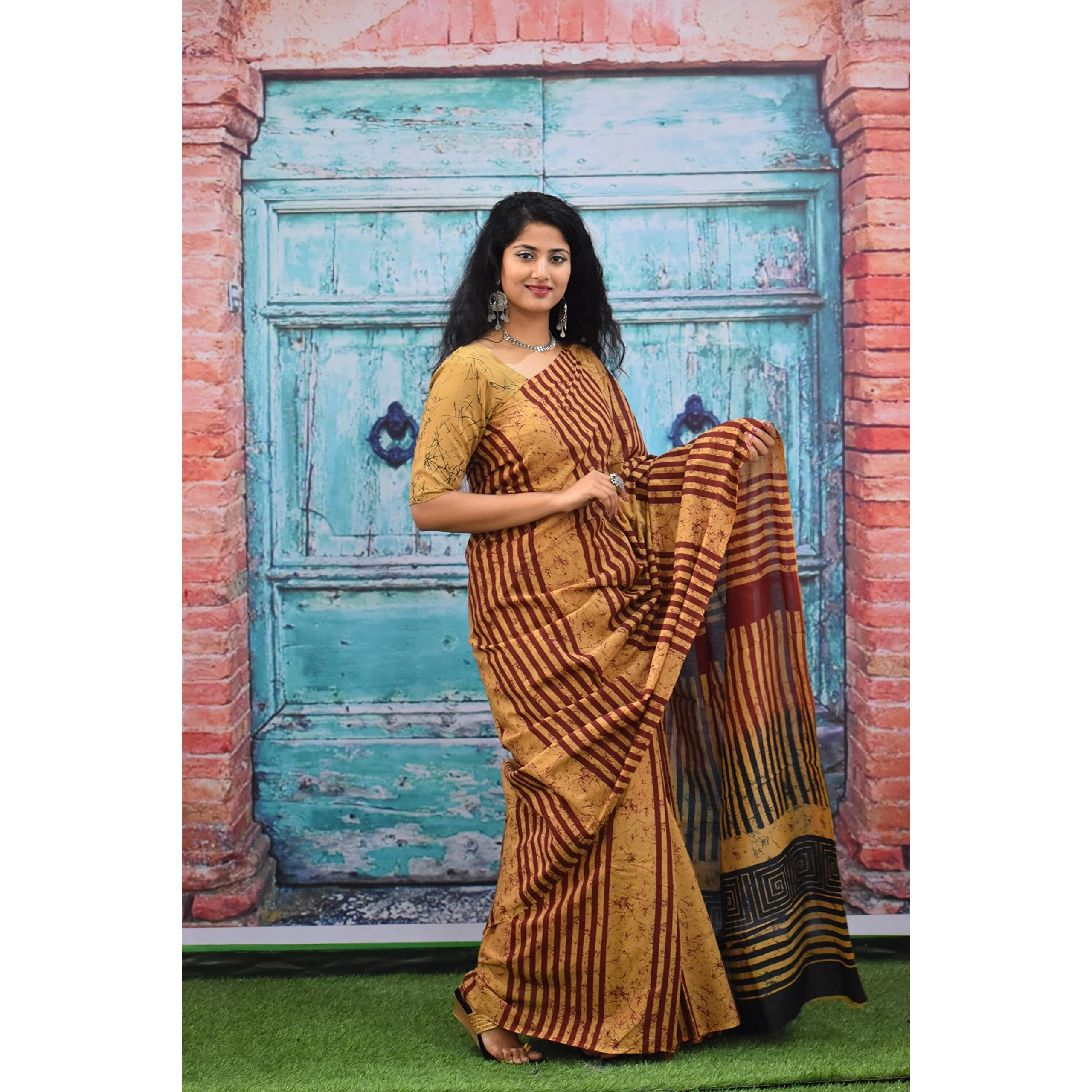 JALTHER Handicrafts Womens Ikat Hand Block Print Jaipuri Cotton Mulmul Saree with Blouse Piece - Brown_141