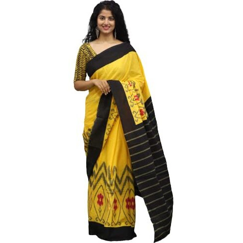 JALTHER Handicrafts Womens Ikat Hand Block Print Jaipuri Cotton Mulmul Saree with Blouse Piece - Yellow_353