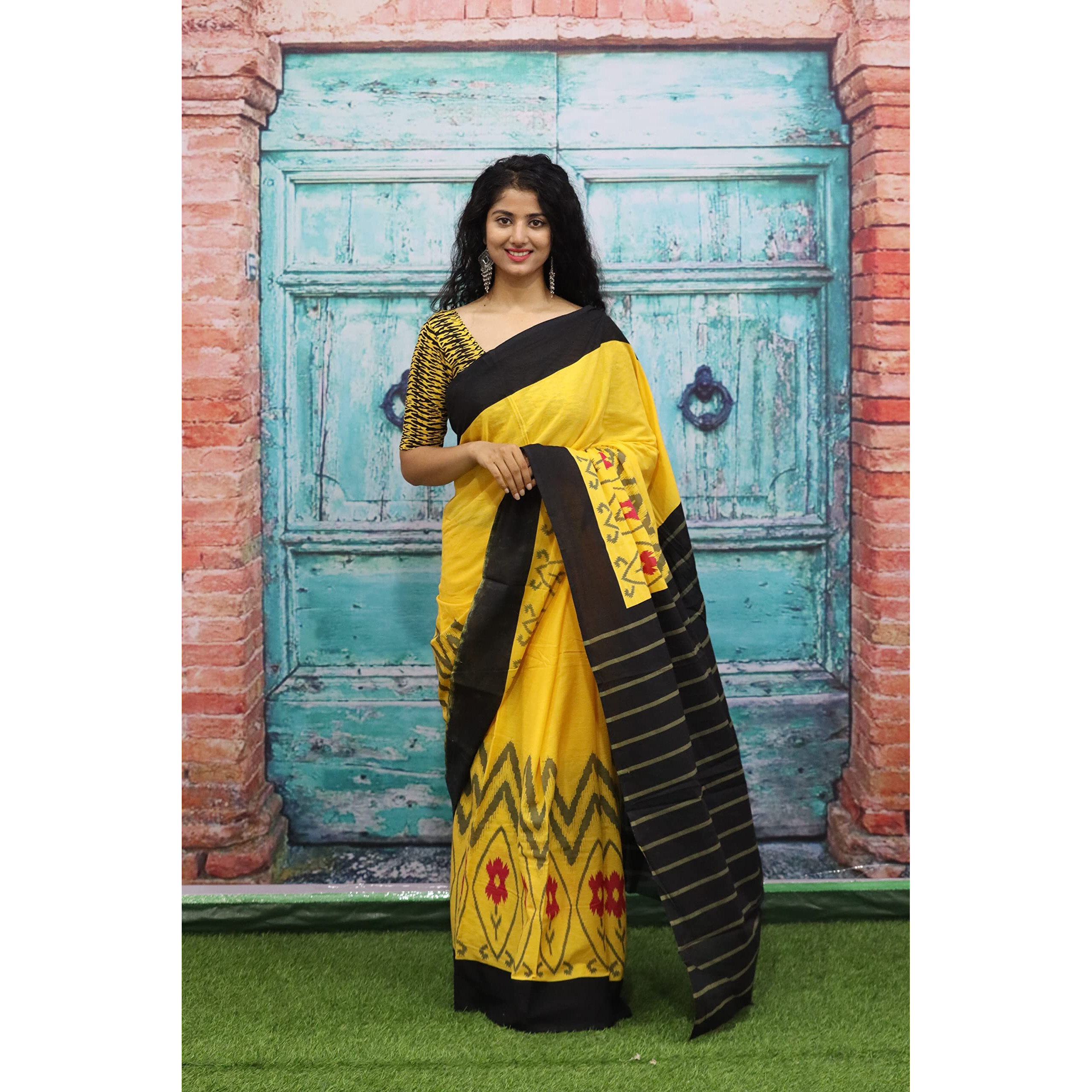 JALTHER Handicrafts Womens Ikat Hand Block Print Jaipuri Cotton Mulmul Saree with Blouse Piece - Yellow_353