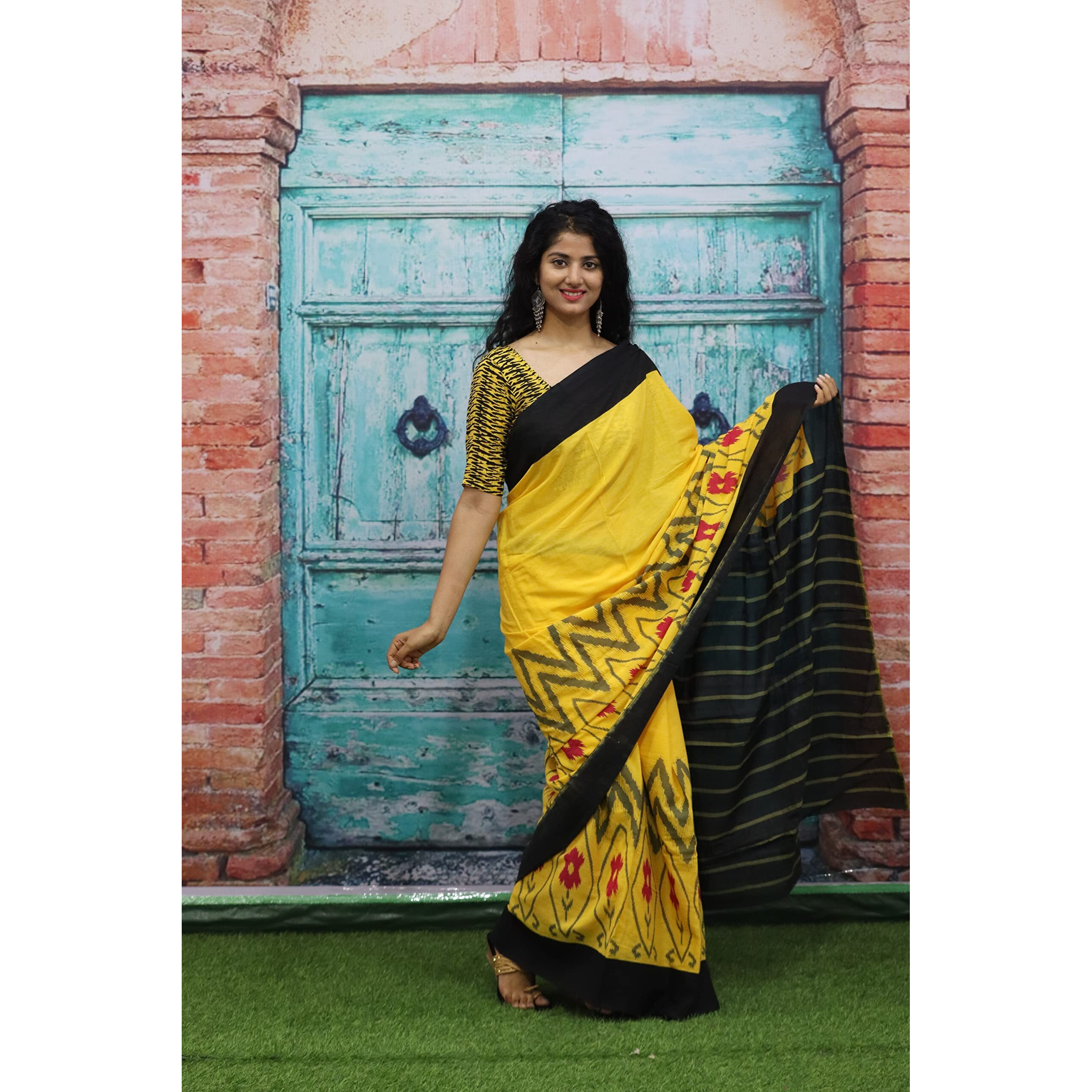 JALTHER Handicrafts Womens Ikat Hand Block Print Jaipuri Cotton Mulmul Saree with Blouse Piece - Yellow_353