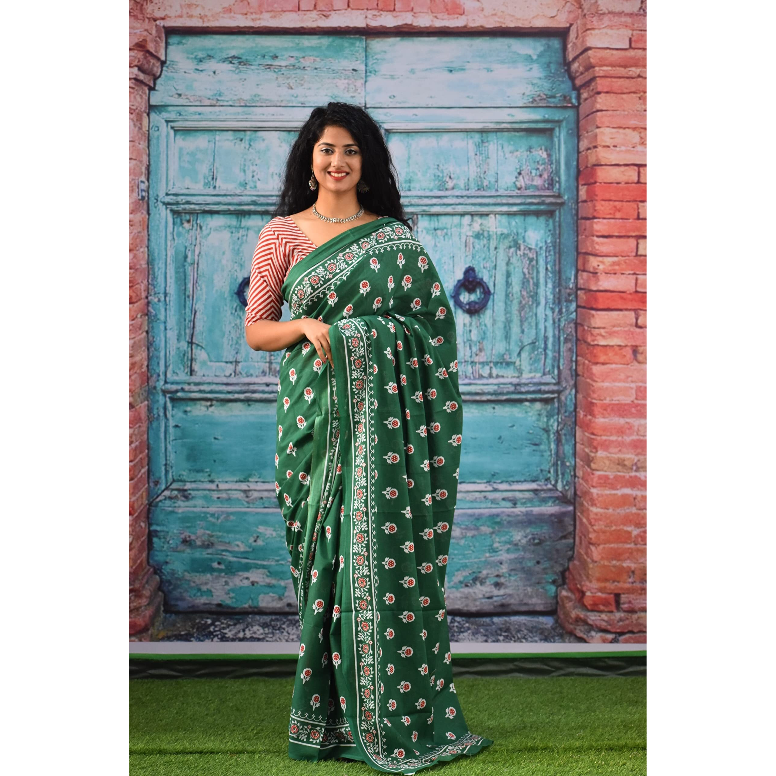 JALTHER Handicrafts Womens Ikat Hand Block Print Jaipuri Cotton Mulmul Saree with Blouse Piece - Green_379