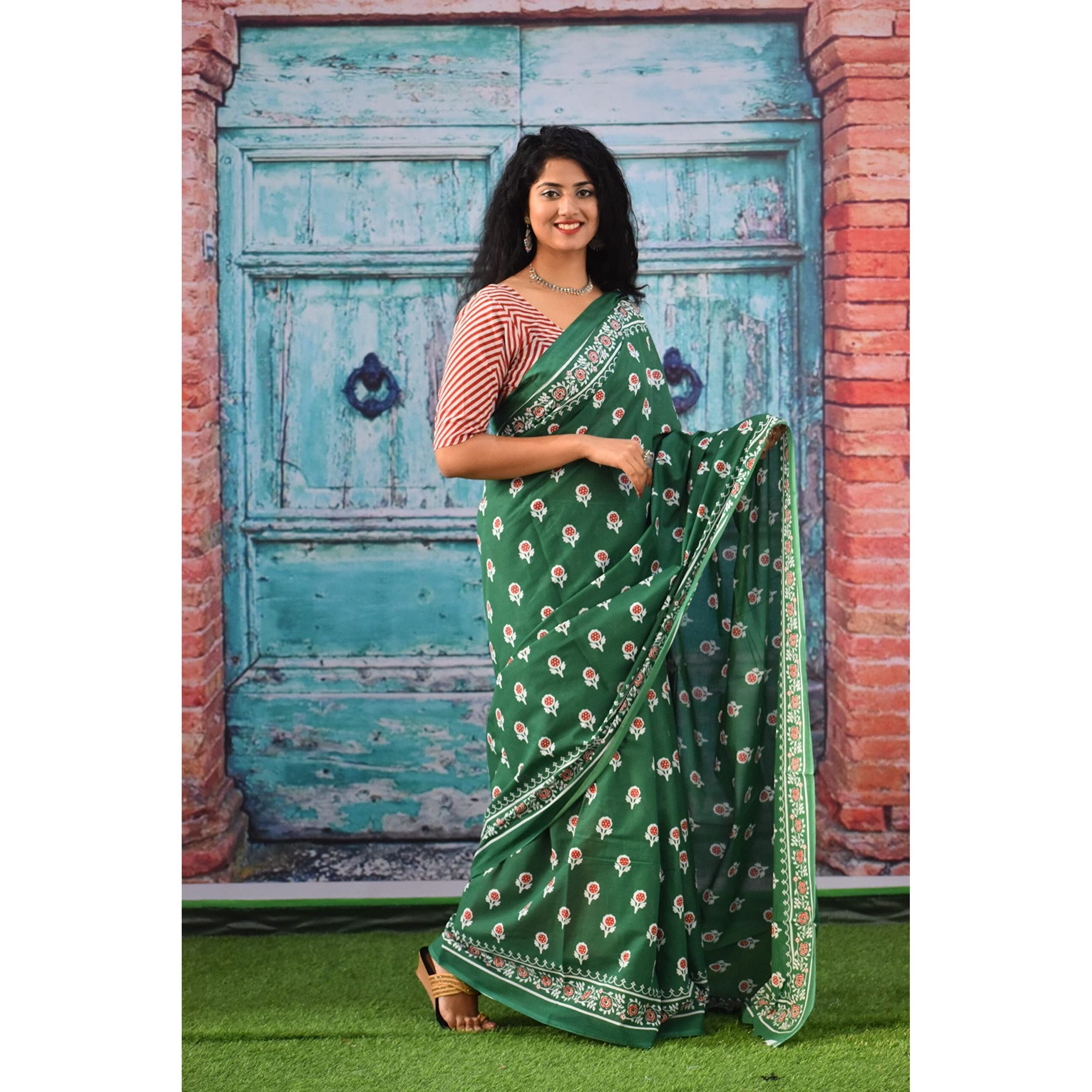JALTHER Handicrafts Womens Ikat Hand Block Print Jaipuri Cotton Mulmul Saree with Blouse Piece - Green_379