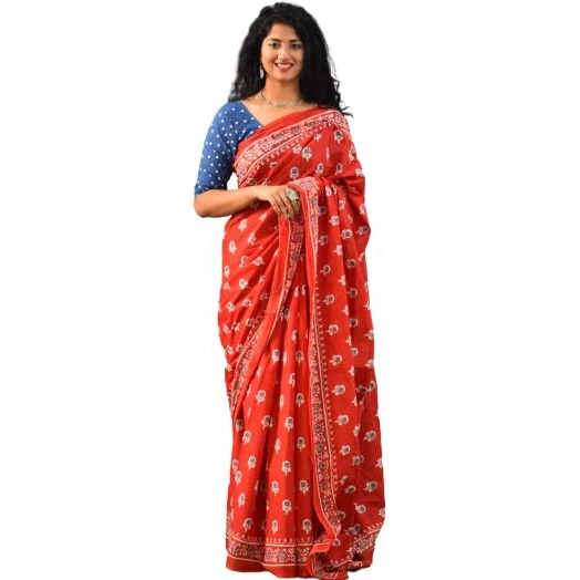 JALTHER Handicrafts Womens Ikat Hand Block Print Jaipuri Cotton Mulmul Saree with Blouse Piece - Maroon_377