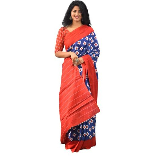 JALTHER Handicrafts Womens Ikat Hand Block Print Jaipuri Cotton Mulmul Saree with Blouse Piece - Blue_359