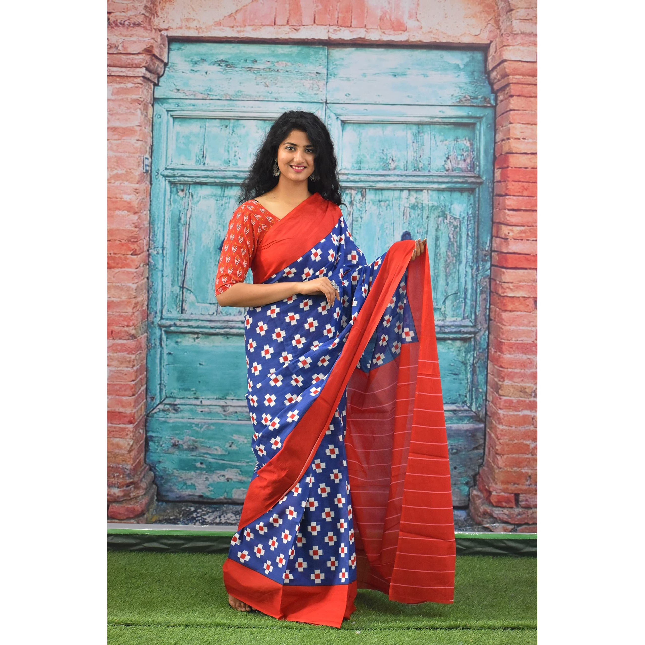JALTHER Handicrafts Womens Ikat Hand Block Print Jaipuri Cotton Mulmul Saree with Blouse Piece - Blue_359